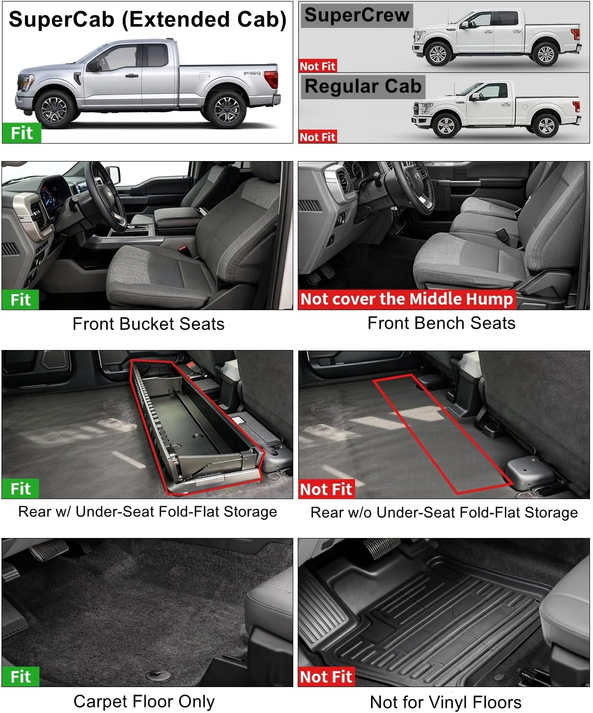 Umbrauto Custom Fit Floor Mats for Ford F150 SuperCab (Extended Cab) 2015-2025 2026 (Not for SuperCrew Cab), All Weather TPE Automotive Pickup Truck Liners for Front & Rear Row F150| 2015-26| SuperCab| Front&Rear Row