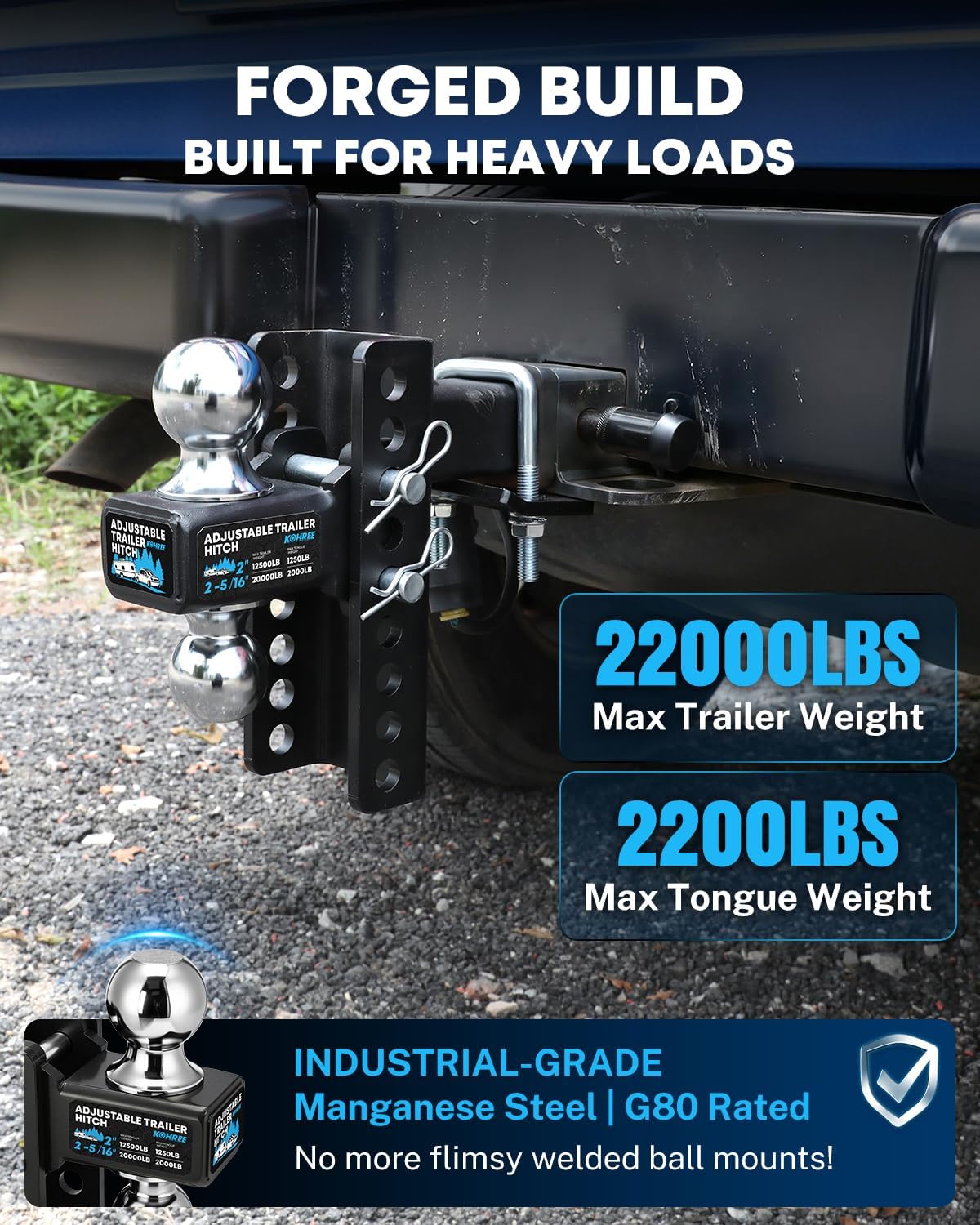 Kohree Adjustable Trailer Hitch for 2-Inch Receiver, 22,000 LBS GTW, 6-Inch Drop/Rise Hitch with 2" & 2-5/16" Balls, Anti-Rattle Tow Hitch, Anti-Theft Pin, Heavy Duty G80 Steel Ball Mount, Black