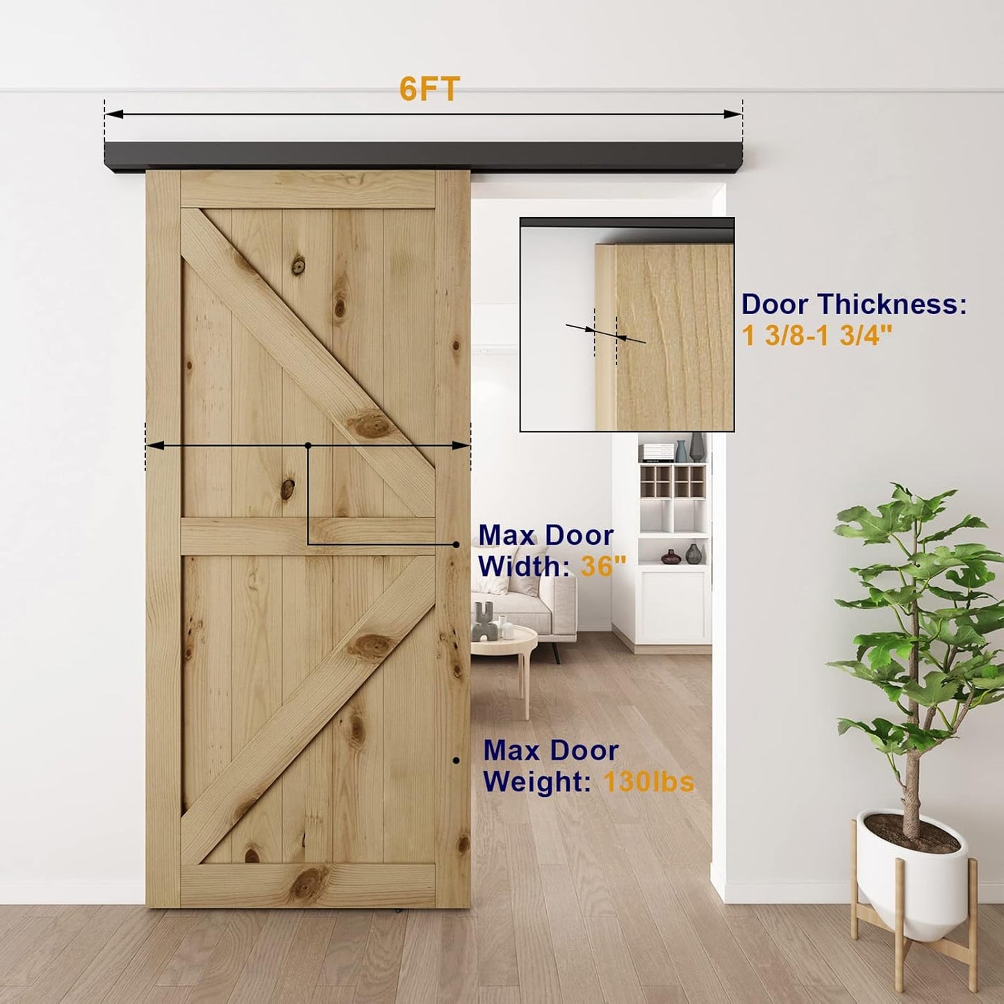 JUBEST 6FT Sliding Barn Door Hardware Track Kit,Aluminium Alloy Box Rail Wall Mount Barn Door Hardware,for Interior Exterior Wooden Door (Hardware