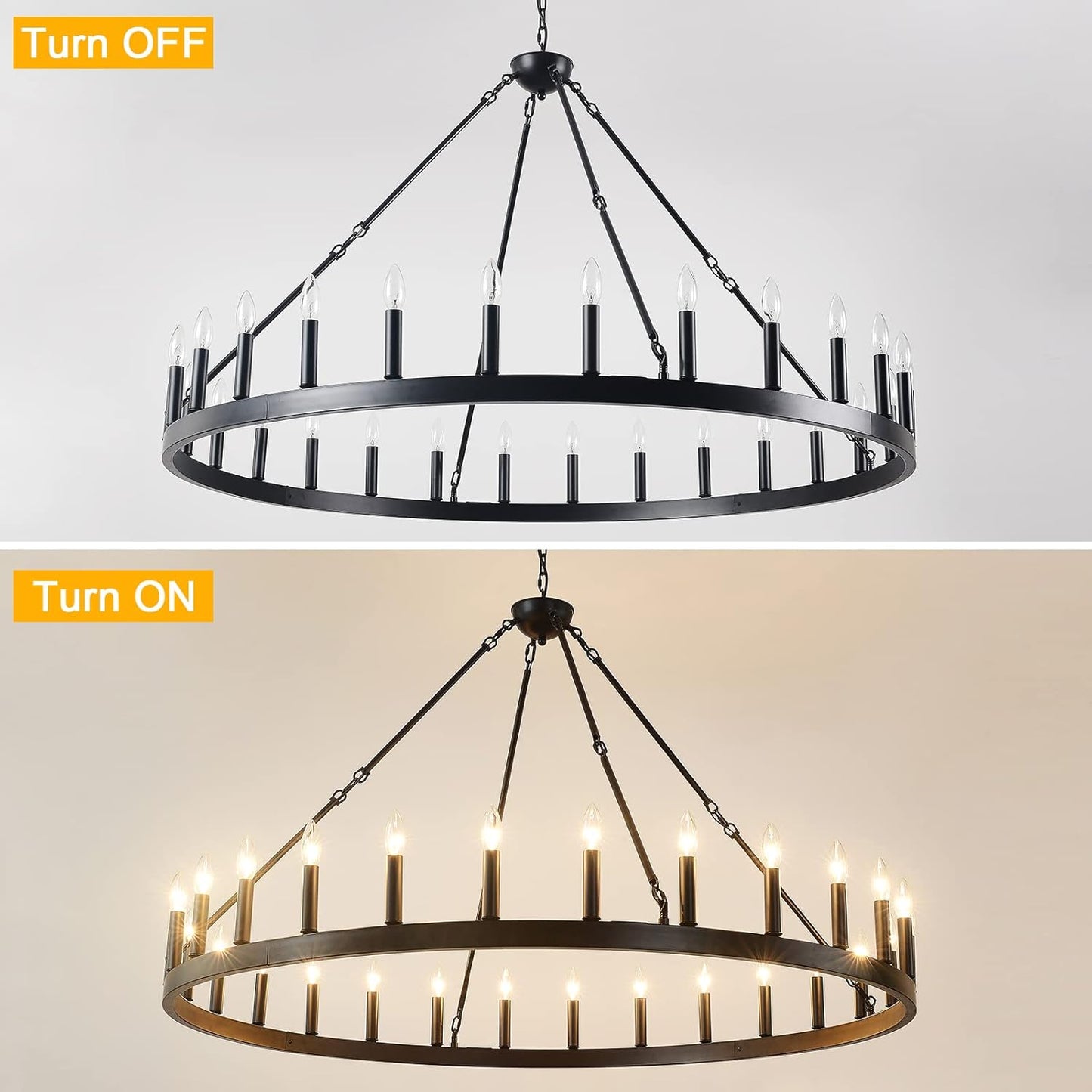 Viksroeo 53 Inch Black Extra Large Wagon Wheel Chandelier, 28-Lights Farmhouse Industrial Round High Ceiling Pendant Light Adjustable Chain, for