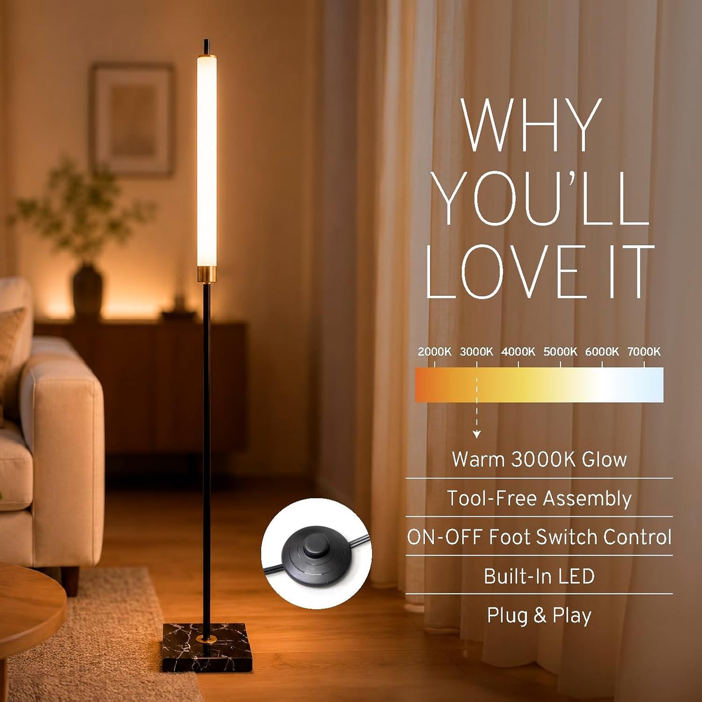 HarvestLand floor lamp, 56" LED standing light 16W 3000K Modern Marble Lamp with 50,000-Hour LED, Black & Brass standing lamp, minimalist lights for bedroom, living room lighting, Office Corner,1 Pack