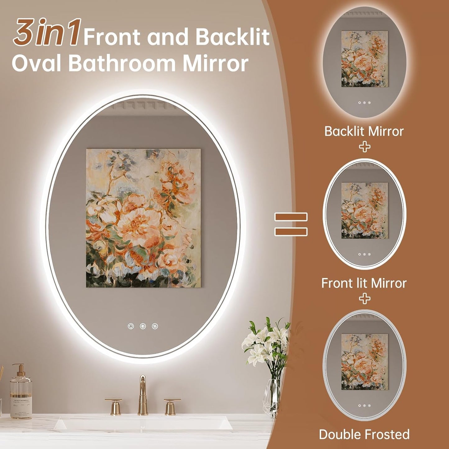 Mirror 24' x 32' Oval LED Bathroom Mirror with Lights, Anti Fog LED Bathroom Mirror Dimmable Bathroom Vanity Mirror for Wall