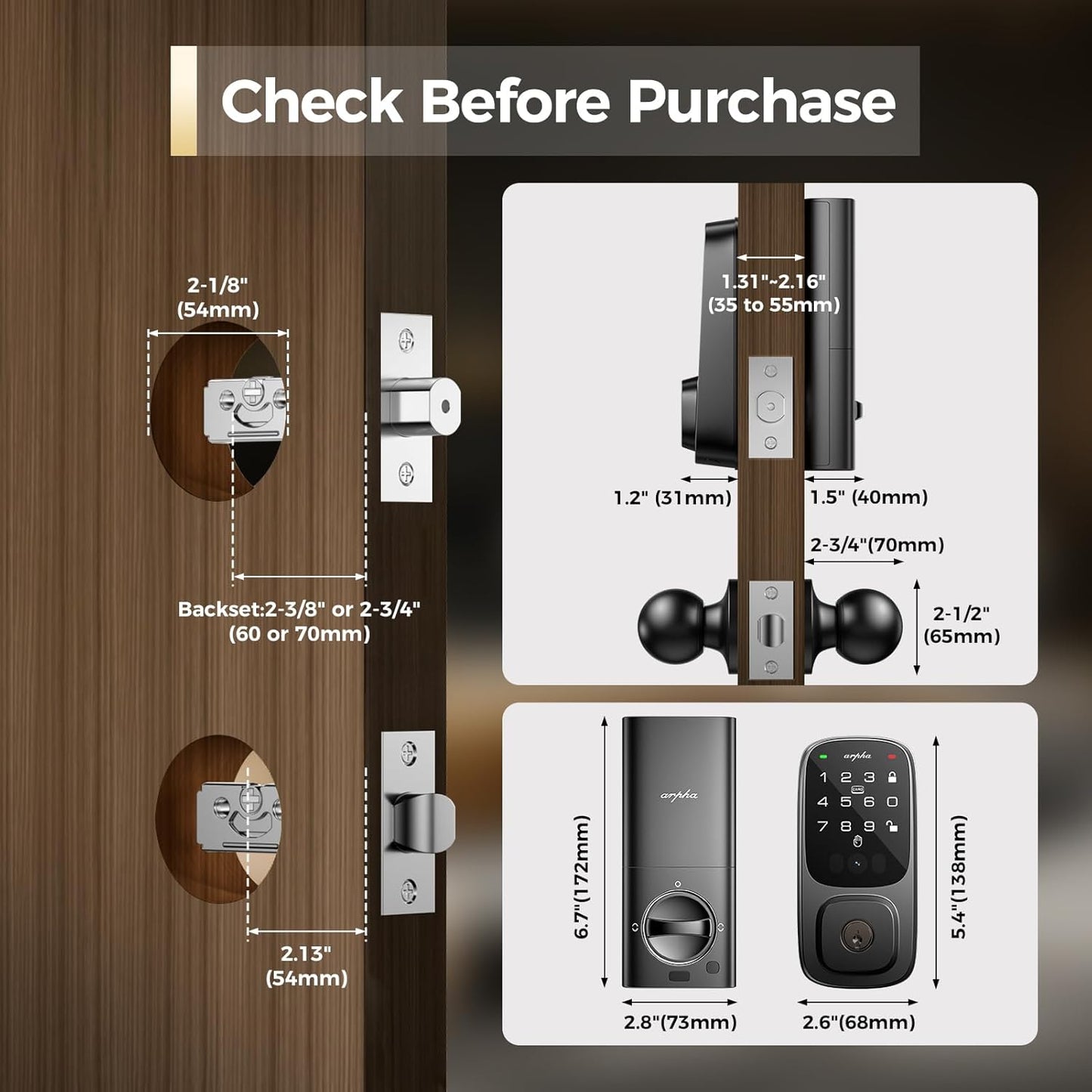 ARPHA Palm Recognition Keyless Entry Door Lock with Handle, WiFi Smart Lock for Front Door, Palm Recognition Front Door Lock Set, Built-in Wi-Fi