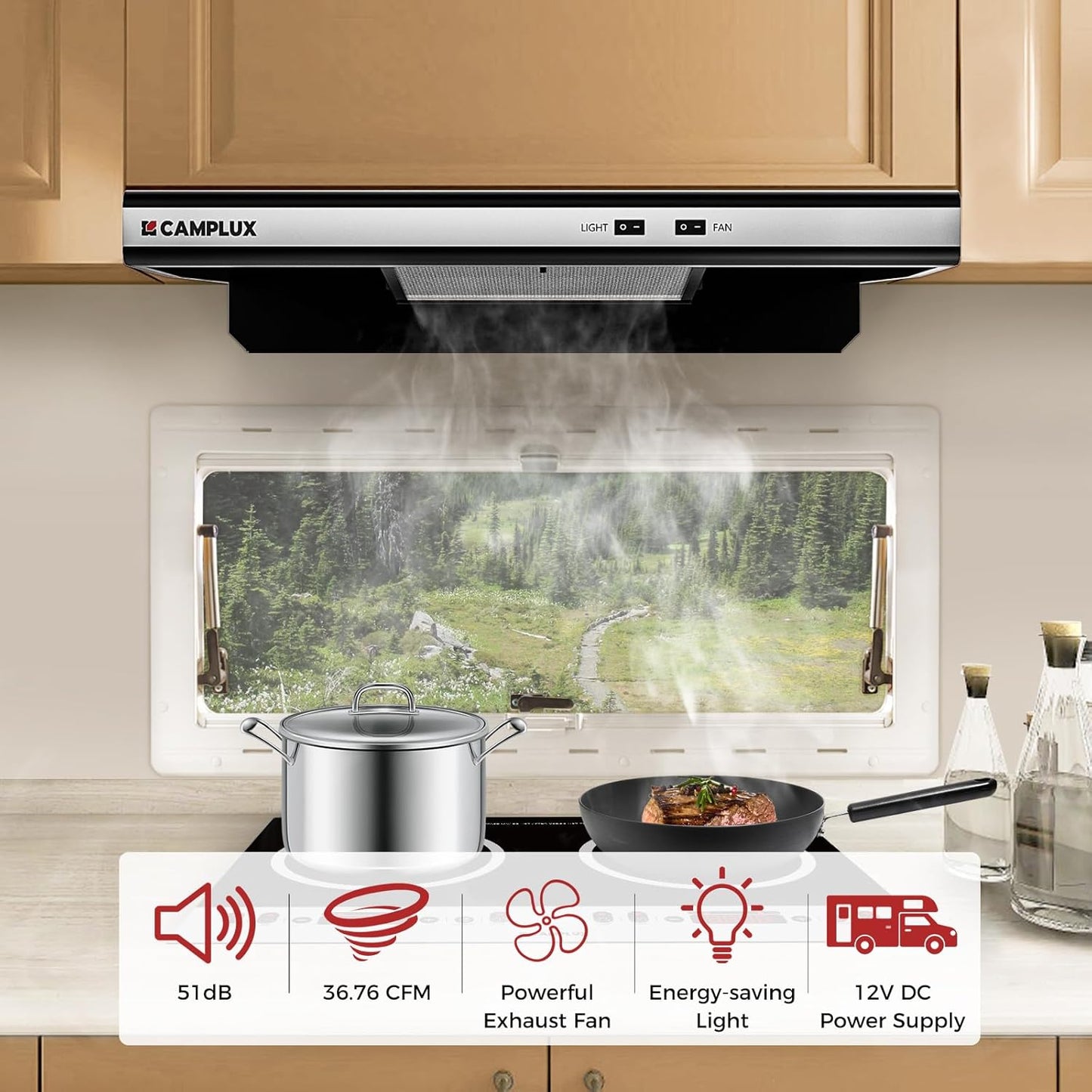 CAMPLUX RV Range Hood 22 Inches,12V DC Range Hood, Ultra Quiet, Powerful Suction, Ideal for RV Travel, Mobile Homes, Yachts, or Small Apartments