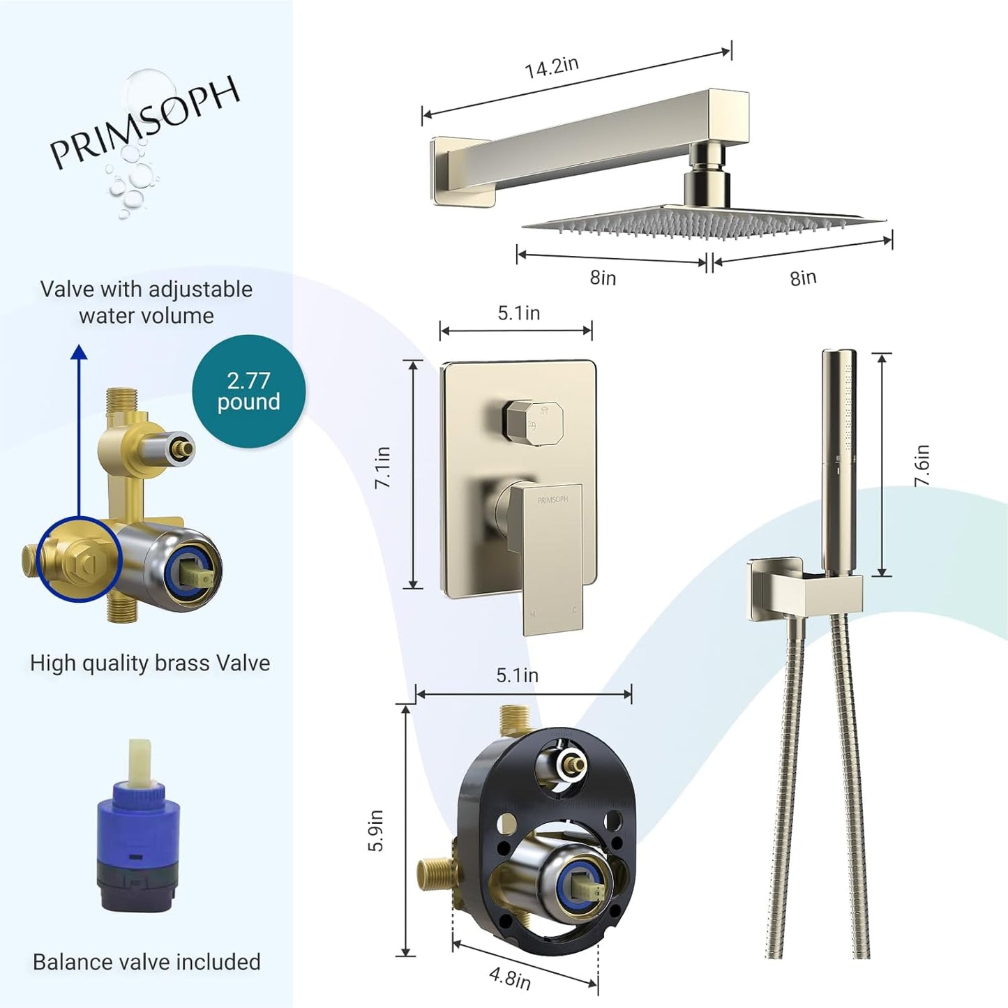 PRIMSOPH 8 inch Shower System Rain Rainfall Shower Head with Valve and Handheld Handle with Jet Bathroom Bathtub Tub Faucet Complete Set Square