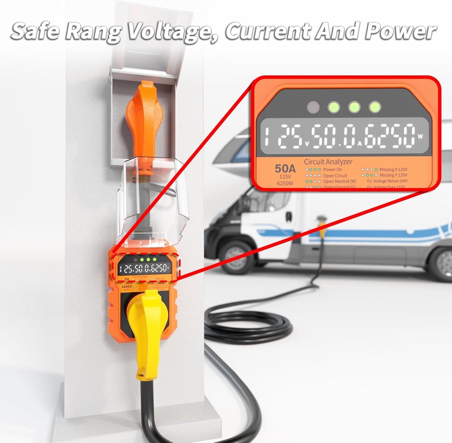 22000J RV Surge Protector 50 Amp with Auto Shutoff & Reset, LED Display Real-Time Circuit Analyzer for Camper Travel Trailers, RV Adapter Plug with Waterproof Cover 50A