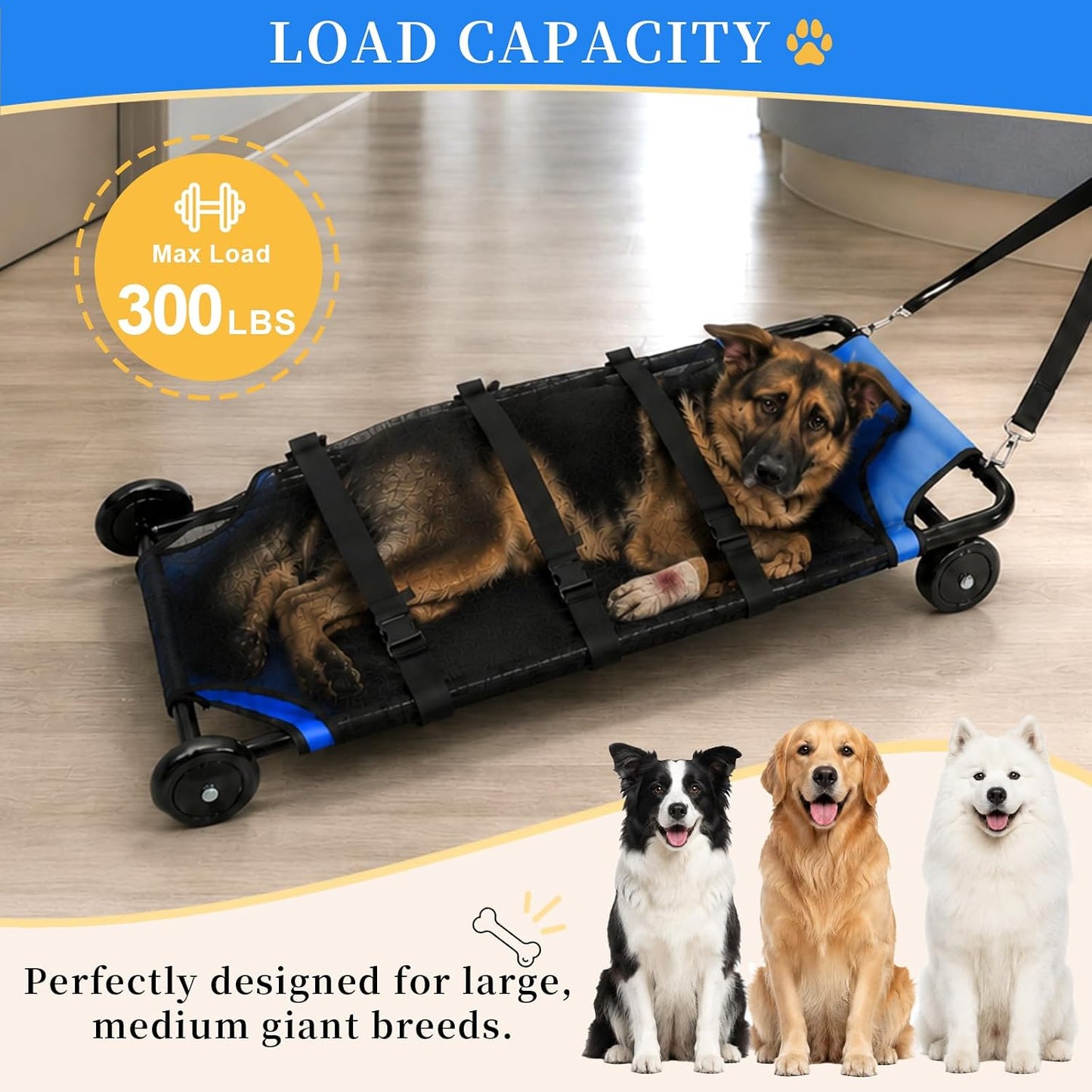 300LBS Pet Rescue Stretcher for Large Dogs, 45" x 22" Dog Transport Stretcher with Belt and Wheels, Foldable Pet Stretcher for Injured Disabled Large Dogs Pet First Aid Transport