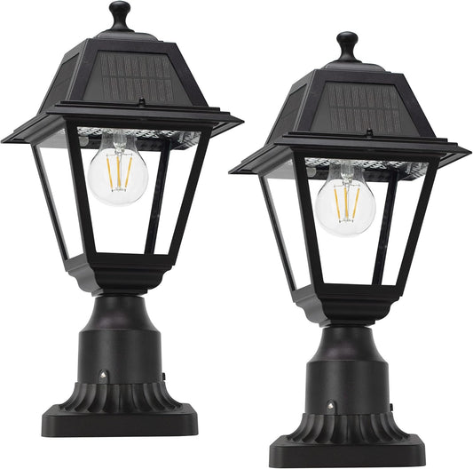 LUTEC Outdoor Solar Post Lights 2 Pack, Aluminum Solar Lamp Post Light with Pier Mount Base 200LM, Exterior Black Solar Powered Post Light Fixtures