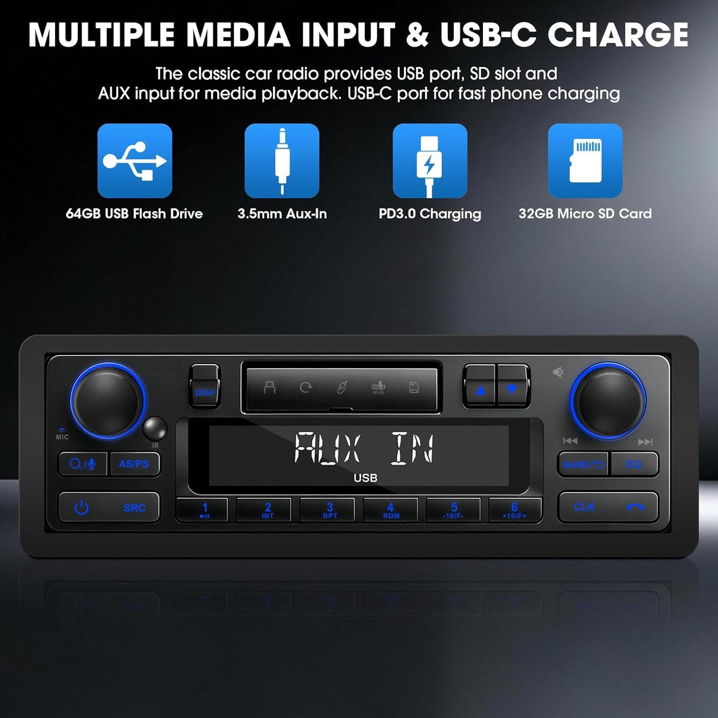 Retro Bluetooth Car Radio System: Single Din European Look Stereo for Classic Vehicles - LCD Display AM FM USB SD AUX USB-C Fast Charge 4-CHN Outputs