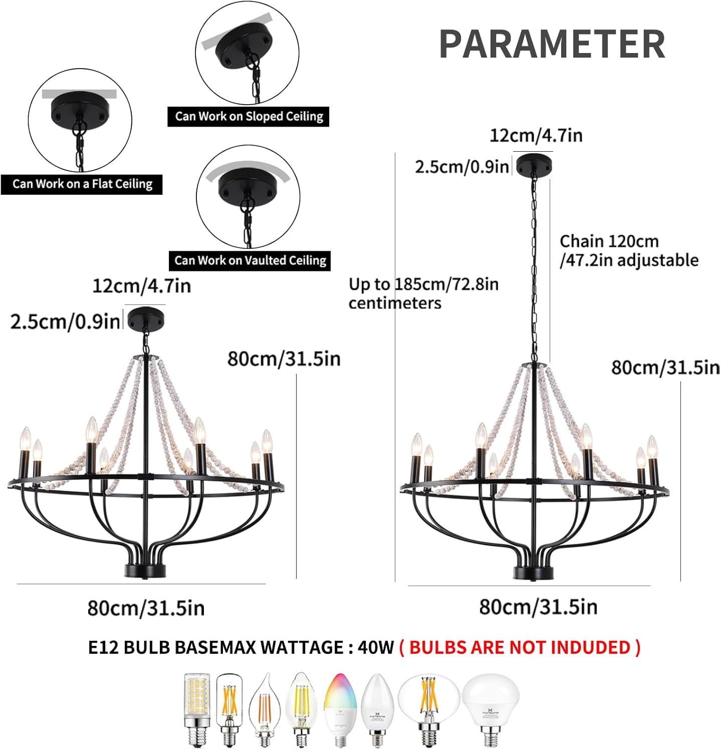 Ganeed Vintage Chandeliers,8-Light Round Wagon Wheel Chandelier with Wood Beaded,Black Farmhouse Pendant Light, Adjustable Height Hanging Light for