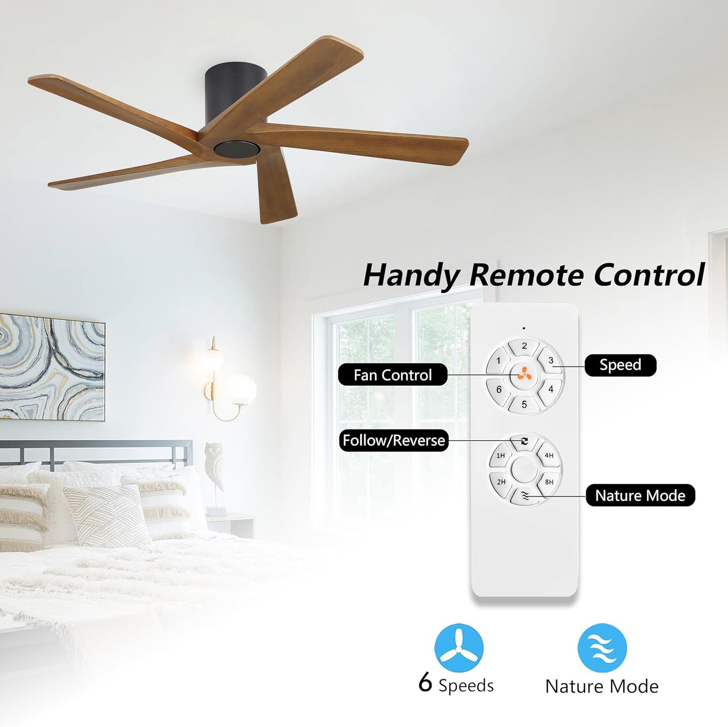 54 Inch Flush Mount DC Ceiling Fan without Lights, 5 Reversible Carved Wood Blades, 6-Speed Noiseless DC Motor, Hugger Ceiling Fan No Lights in Matte