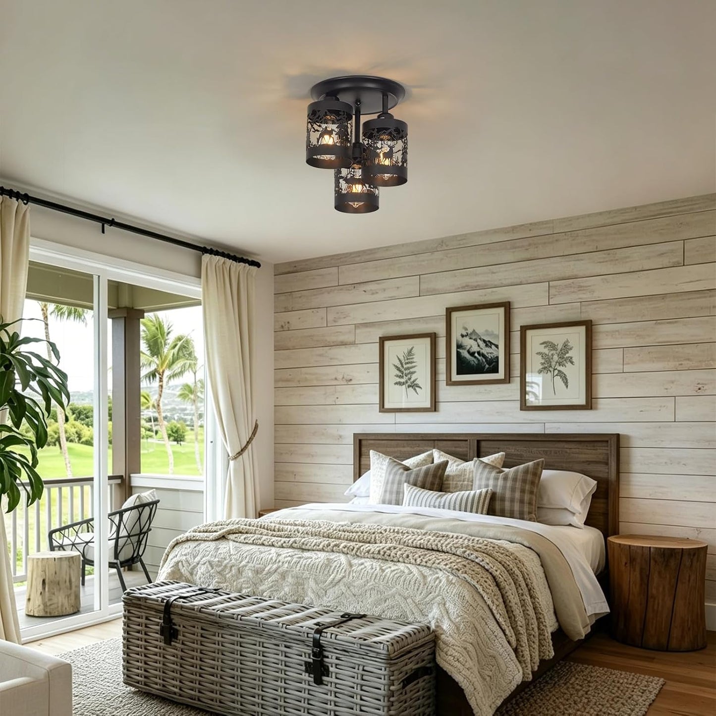 3-Light Rustic Farmhouse Semi Flush Mount Ceiling Light Fixture | Deer & Forest Design, Black Metal Shades, E26 Base