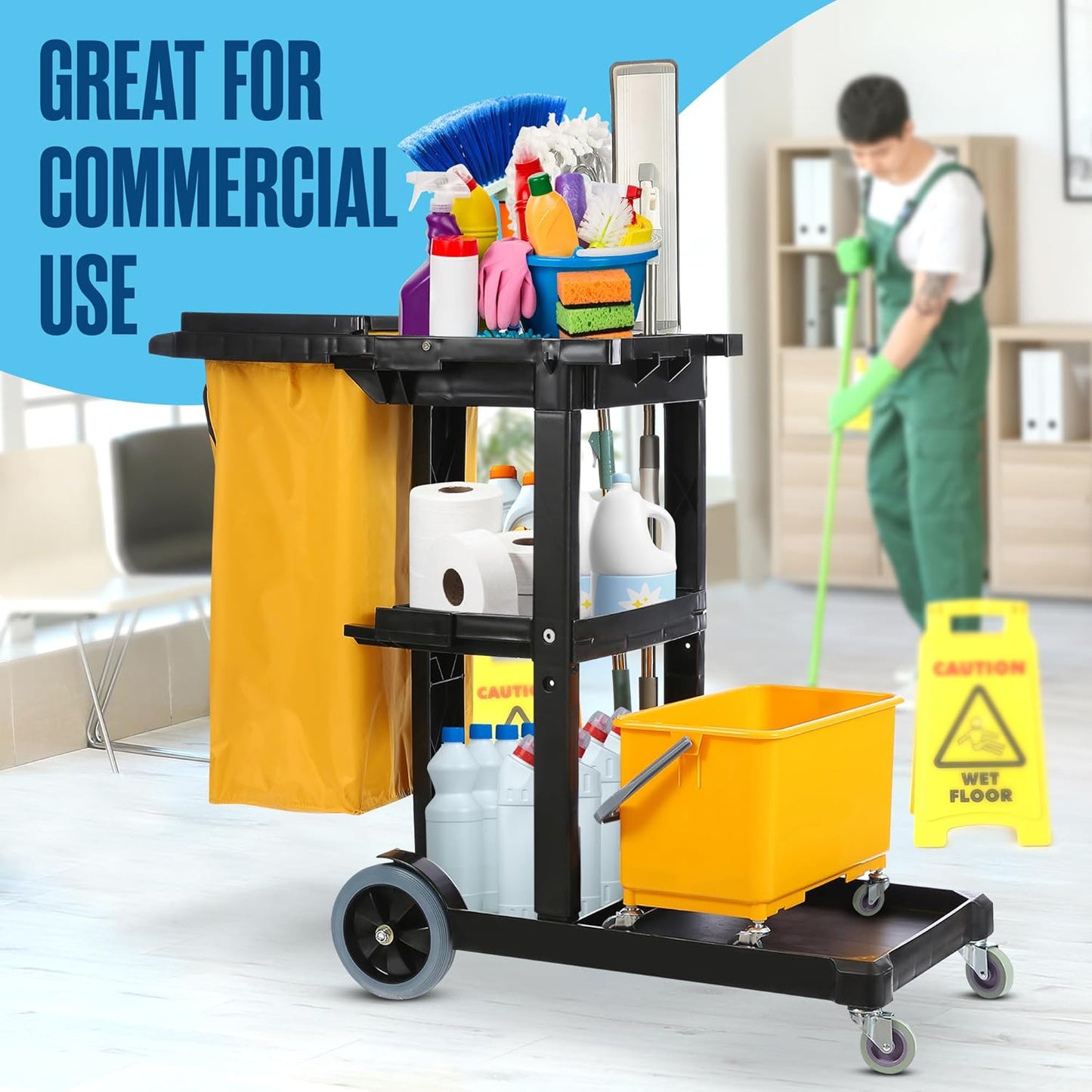 Houseables Cleaning Cart, Janitorial Cart, Cleaning Carts on Wheels, Commercial Housekeeping Cart, Janitor Cart, Rolling Cle