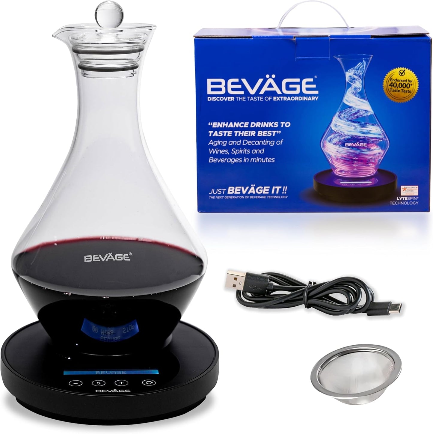 Bevage Pro Electronic Wine/Spirits Aging and Decanting Liquor Decanter by Bevage - Lead-Free Glass Decanter, Cork Catcher, USB-C Battery, Glass