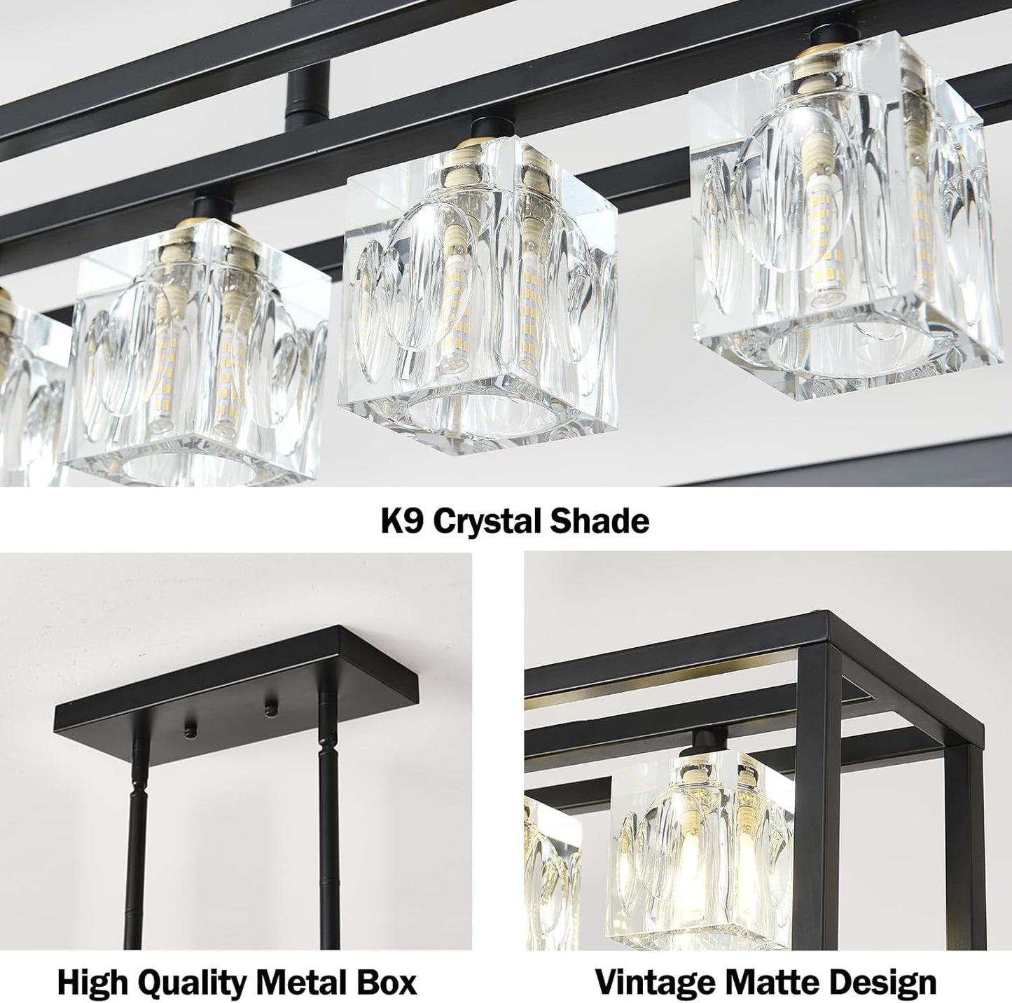 Crystal Kitchen Island Lighting, 6-Light G9 Modern Industrial Crystal Chandelier Dining Room Light Fixture, Black Rectangular Cage Hanging Pendant