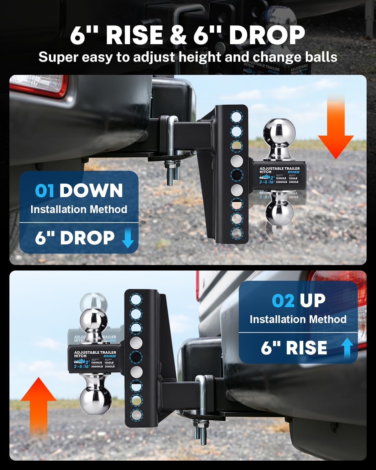 Kohree Adjustable Trailer Hitch for 2-Inch Receiver, 22,000 LBS GTW, 6-Inch Drop/Rise Hitch with 2" & 2-5/16" Balls, Anti-Rattle Tow Hitch, Anti-Theft Pin, Heavy Duty G80 Steel Ball Mount, Black