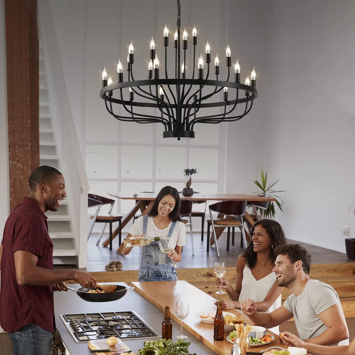 Black Chandelier 24 Light, Modern Farmhouse Chandelier for Dining Room, Round Industrial Candle Chandeliers Light, Wagon Wheel Chandelier 39in 3-Tier