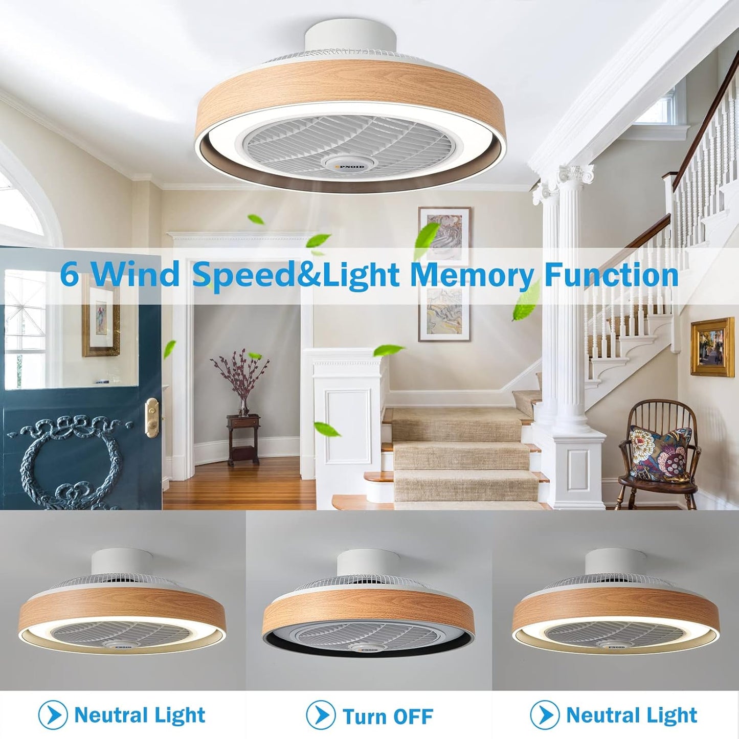 Spnoid Ceiling Fans with Lights and Remote, 20' Low Profile Flush Mount Ceiling Fan with Light 3 Colors 6 Wind Speeds Enclosed Ceiling Fan Light