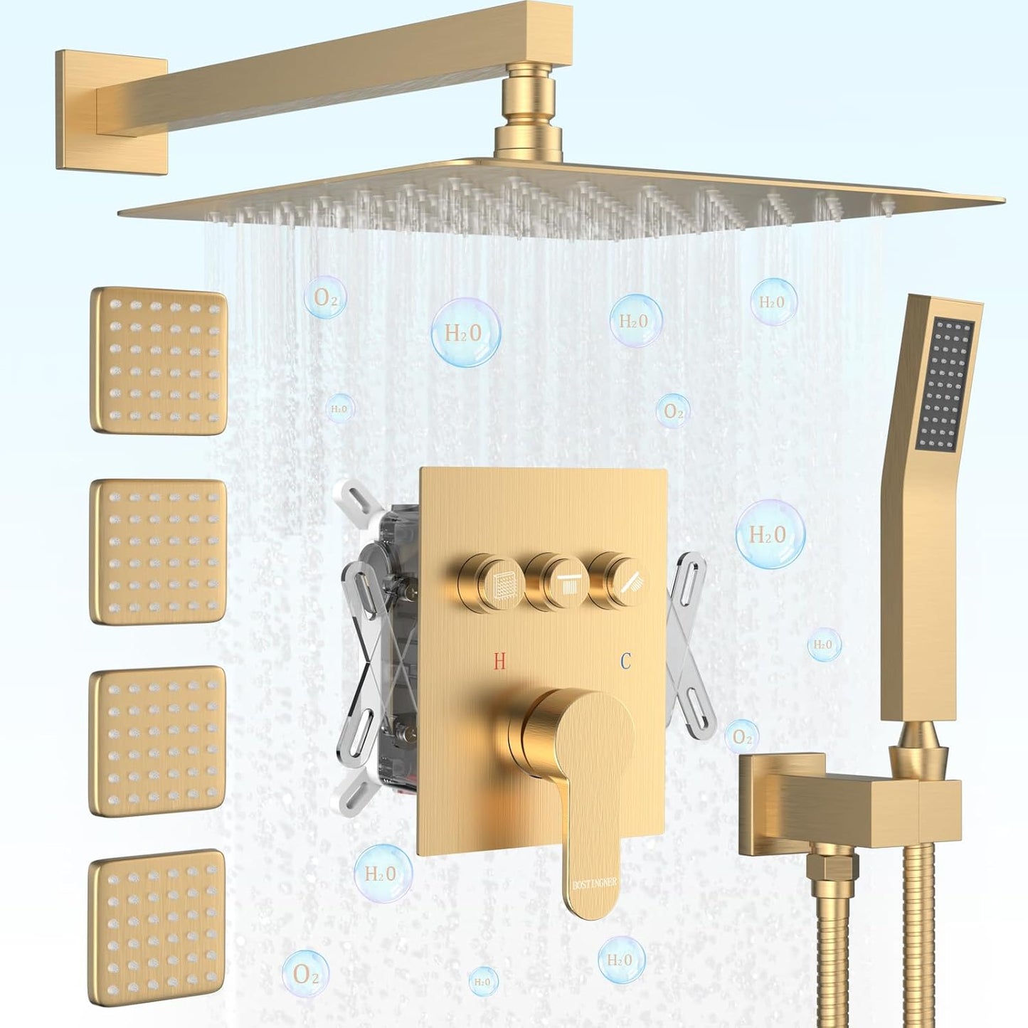 Bostingner Gold Shower System Push Button Shower Faucet Set with Body Spray Jets and Valve 12-inch Rain Shower Head and Handheld Can Use All Function