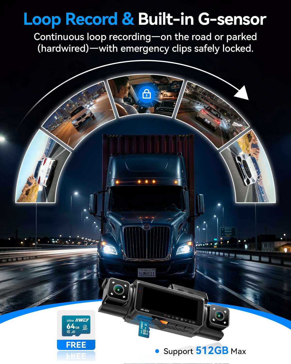 IIWEY N7 PRO 4K STARVIS 4 Channel Dash Cam, 360° View Front Rear and Dual Inside Camera, WiFi 6 & GPS, 8-IR Night Vision, 2160P Dash Camera for Cars, 3.18" IPS, 24/7 Parking Mode, Free 64GB Card