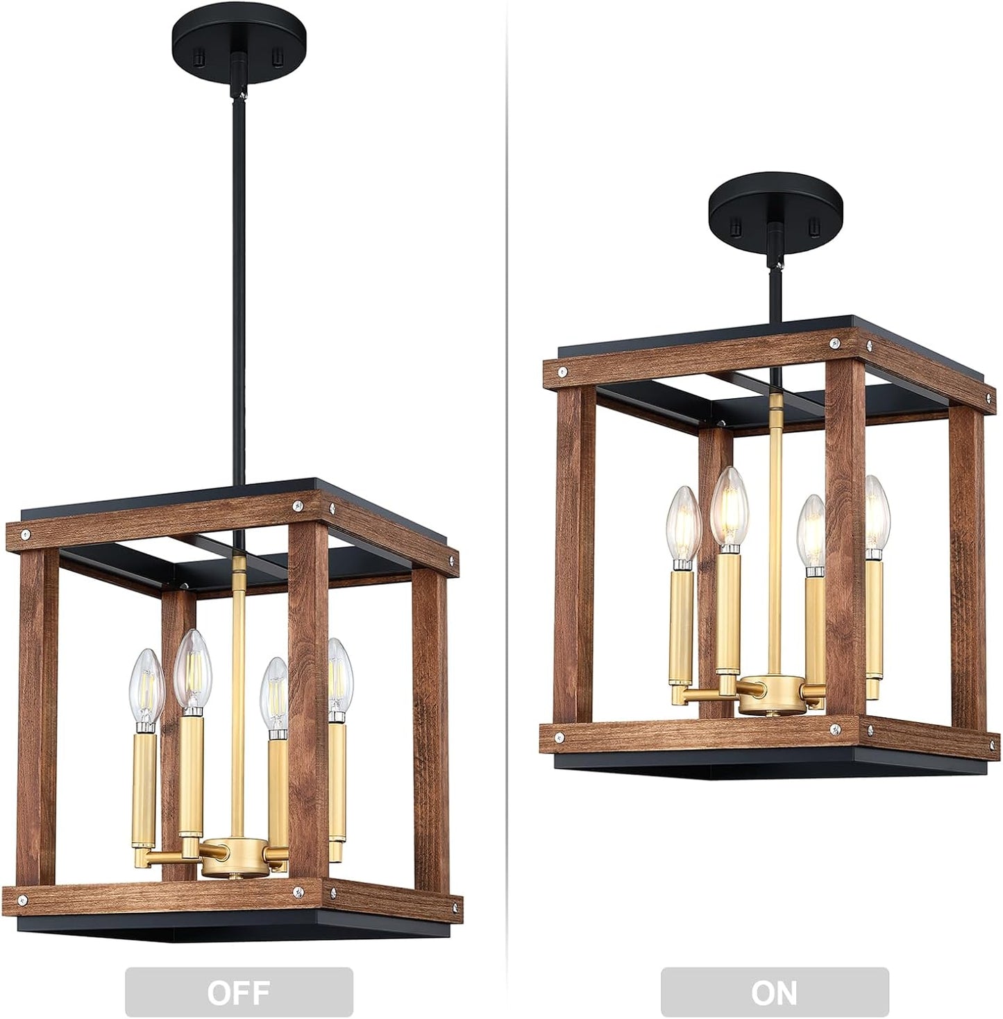 2 Pack 4 Light Farmhouse Adjustable Rod Gold Painted Beech Wood Semi Flush Mount Light Fixtures Black Finish,Rustic Hanging Pendant Chandeliers for