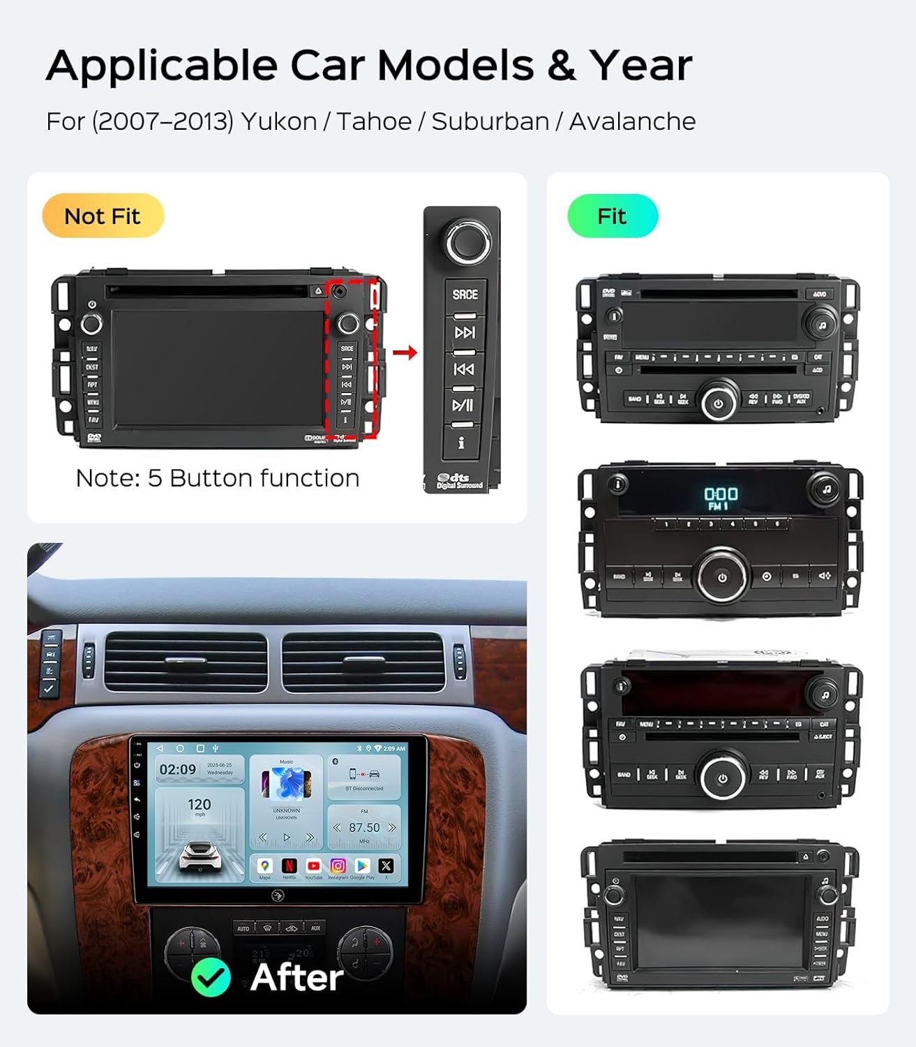 Car Radio Stereo for Chevy Silverado Tahoe Suburban GMC Yukon Sierra 2007 2008 2009 2010 2011 2012 2013, 9'' 2+64G Touchscreen Upgrade Carplay/Android Auto/HD Backup Camera/SWC (Mahogany Wood)