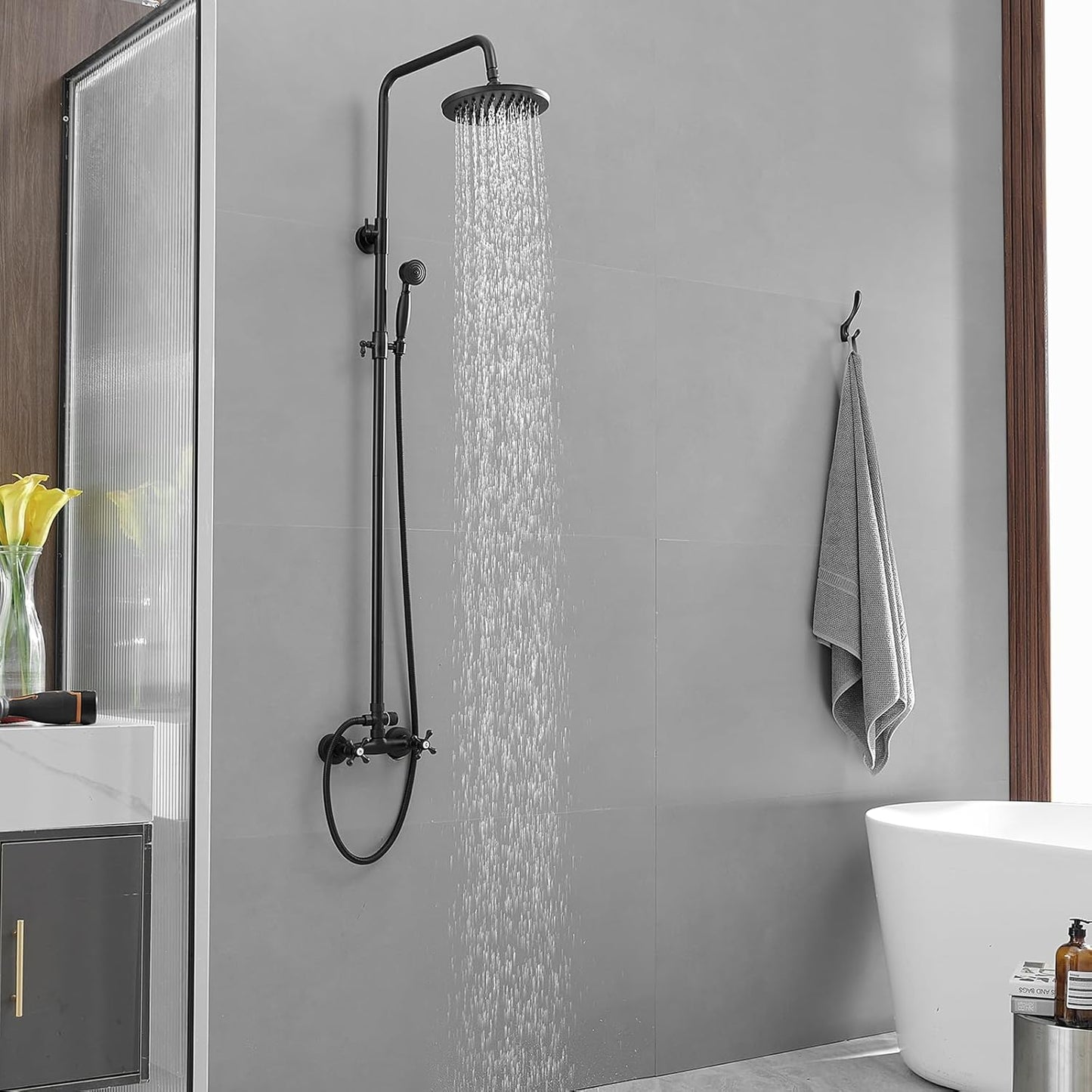 Black Outdoor Shower Feature, Exposed Pipe Shower System Rainfall Outside Shower Set High Pressure SUS304, Wall Mount (Black)