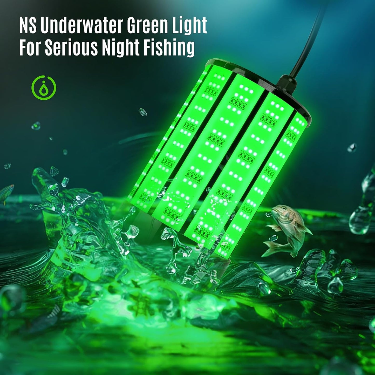 NS Green Underwater Fishing Light 120W 15,000LM, 110V AC & 12V DC Dual Power, LED Submersible Night Dock & Boat Light, Waterproof Saltwater Night Fish Kit for Crappie, Lake & Kayak