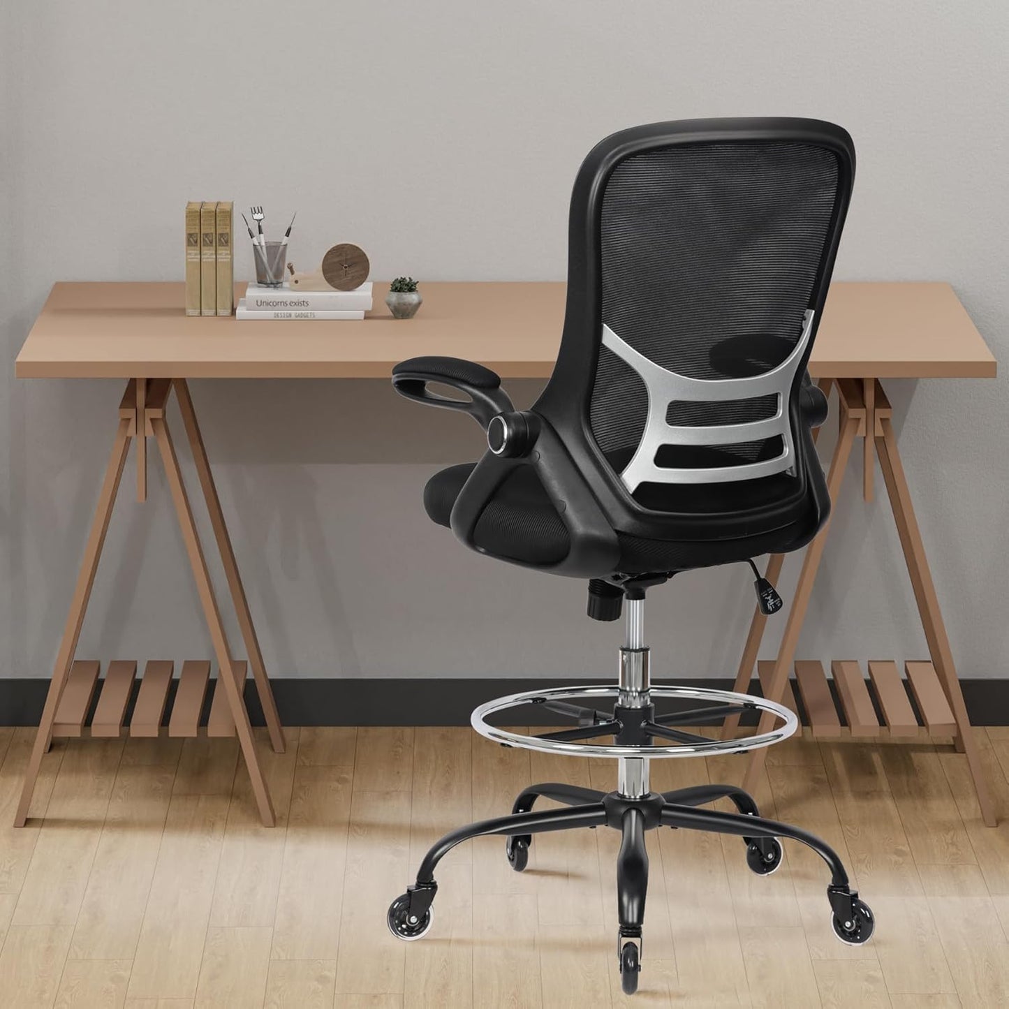 HYLONE Drafting Chair Tall Office Chair, High Ergonomic Standing Desk Computer Stools with Rubber Wheels, Flip-up Armrests, Adjustable Height and