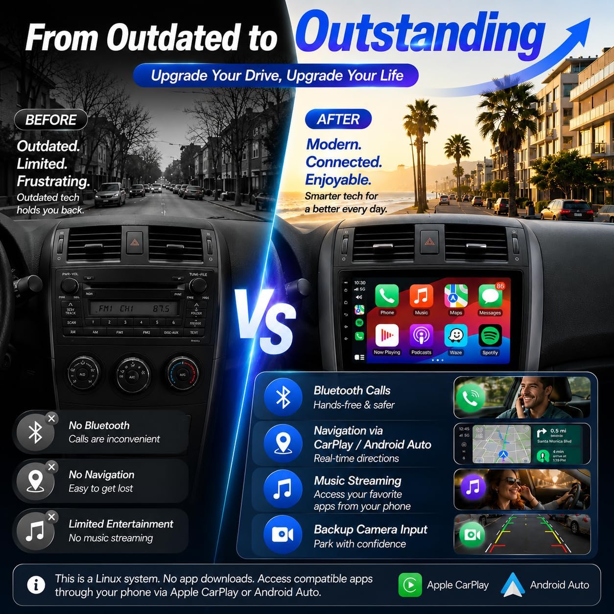 Car Radio Stereo for Toyota Corolla 2009-2013, Wireless CarPlay | 9" IPS Touchscreen Dash Upgrade, Mirror Link, Bluetooth, FM radio, SWC, dual USB, 1080P rear camera