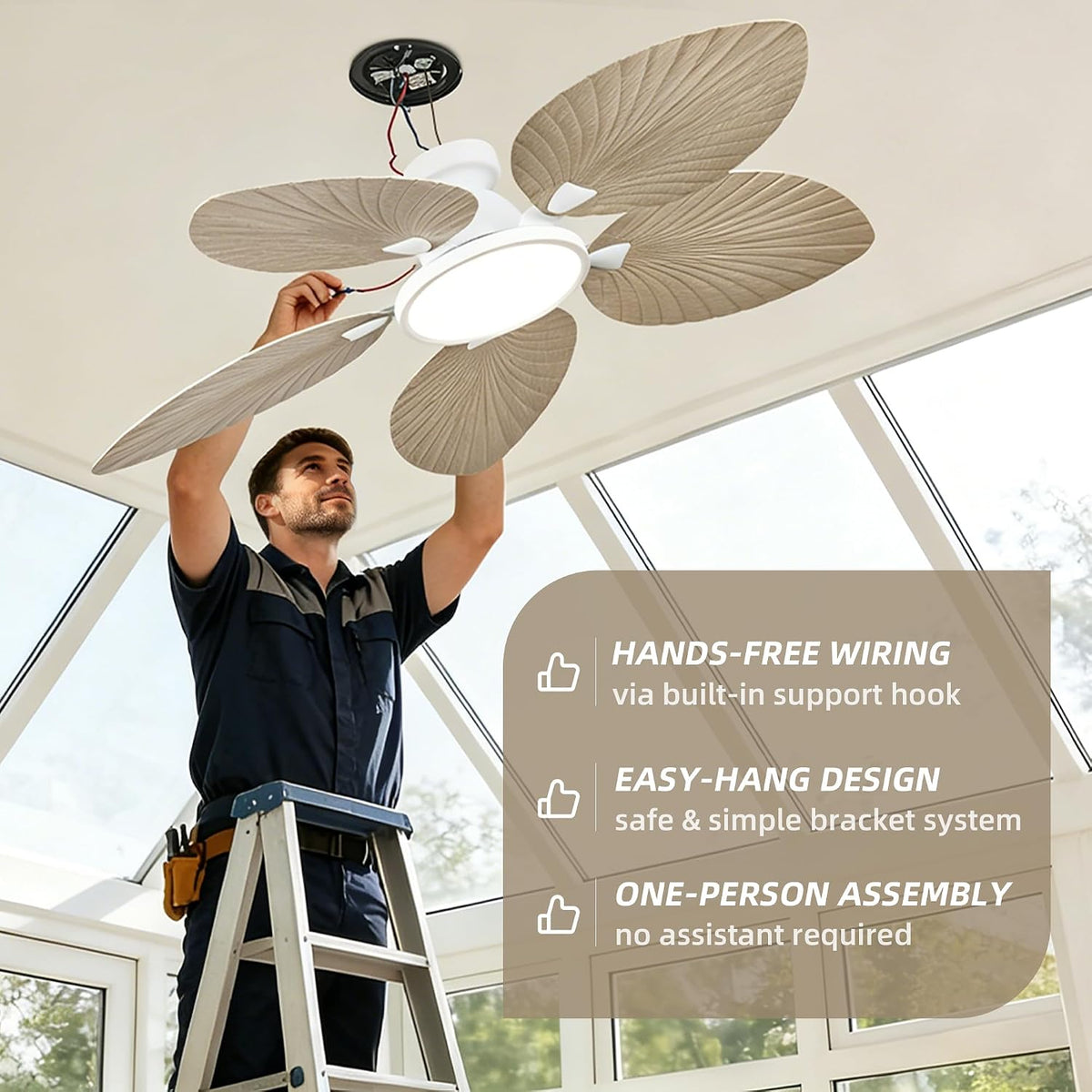 52 Inch Boho Palm Leaf Flush Mount Ceiling Fan with Light and Remote White Motor, Natural Wood Finish Blades, Quiet DC Motor, Dimmable LED, Low Profile Hugger for Bedroom & Patio