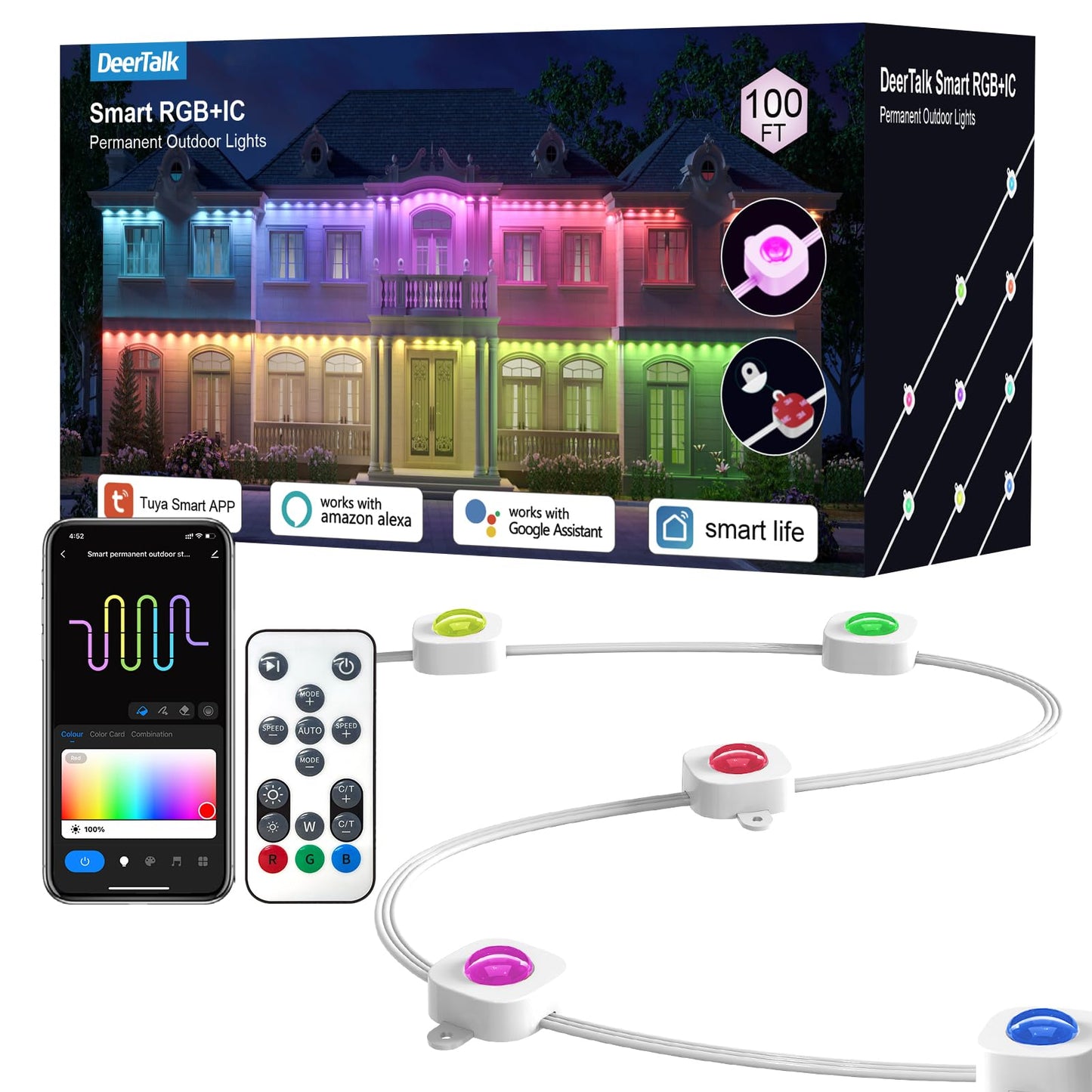 DeerTalk Permanent Outdoor Lights for House LED Trim Lights Bluetooth WiFi Smart ICRGB Permanent String Light Year Round Holiday Eaves Lighting Everlights Work with Alexa Google, 72LED 100FT