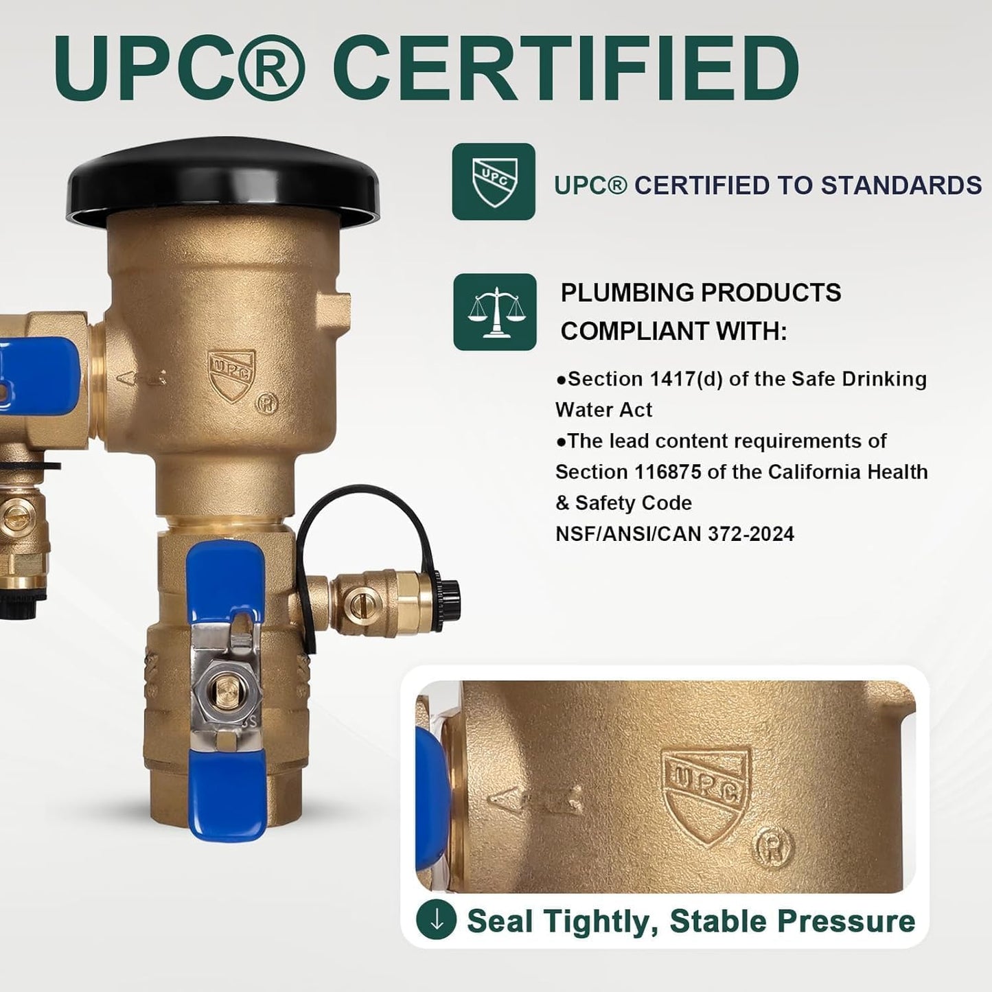 【UPC® Certified】3/4" Brass Pressure Vacuum Breaker with Repair Kit, Max 400PSI Sprinkler Backflow Preventer for Non-Potable Systems Like Irrigation & Industry 3/4 Inch