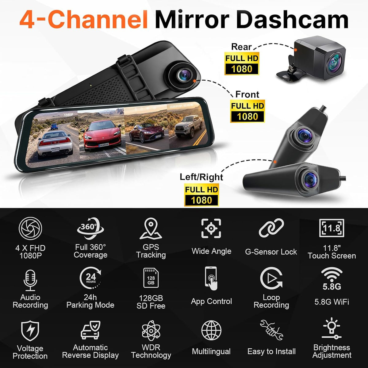 4CH 360 Mirror Dash Cam Front Rear WiFi GPS 128GB SD