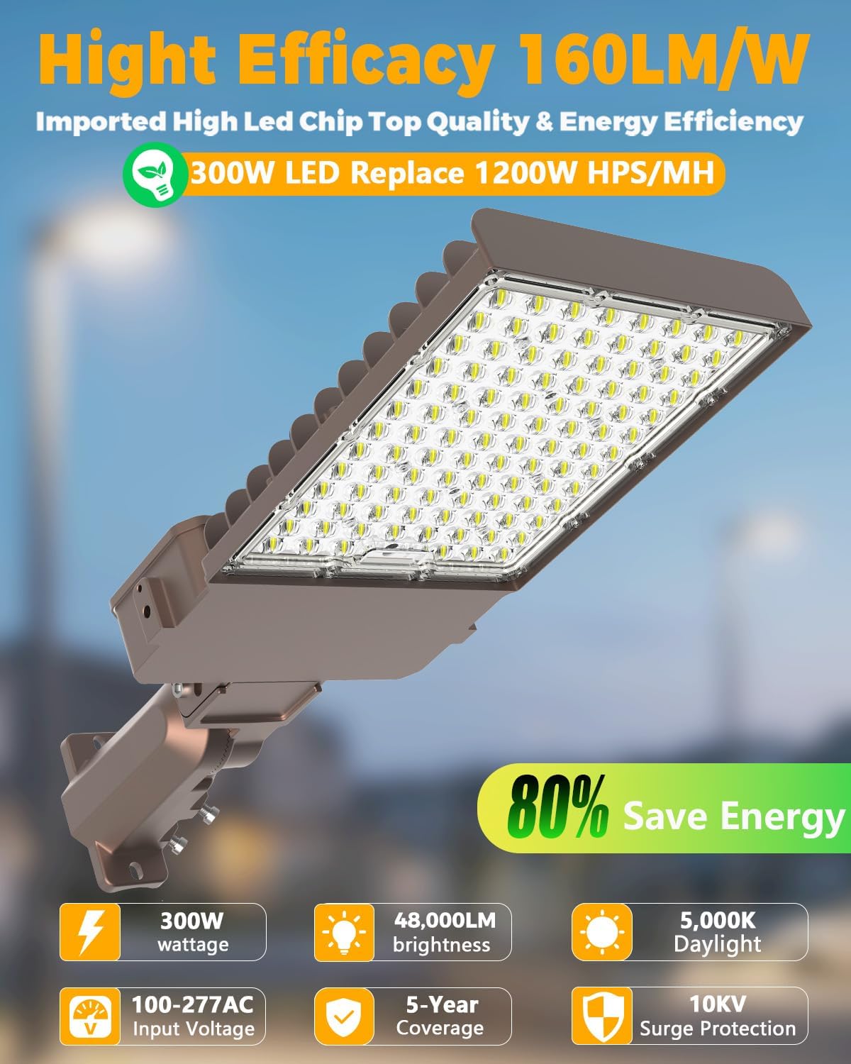300W Parking Lot Light: 160lm/W 5000K Arm & Slip Fitter Mount LED Parking Lot Lights for Commercial - IP66 Waterproof Rating LED Pole Light for Parking Area with 48000LM 1PACK 300.0 Watts 1