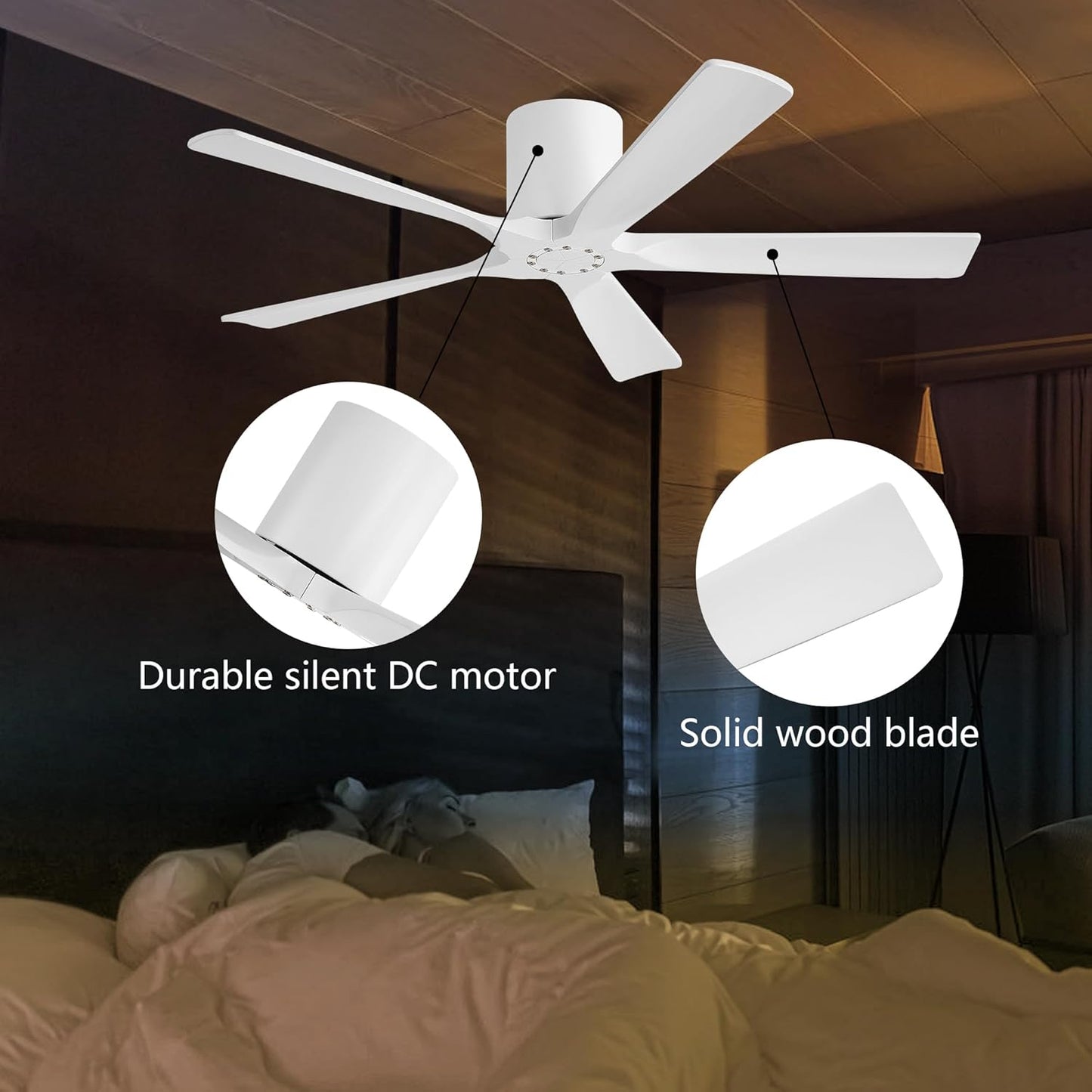 52 Inch Modern Ceiling Fan without Light,5-blade Solid Wood Ceiling Fan No Light,6-Speed Quiet DC Motor,1-8H Timing,Flush Mount Ceiling Fan with