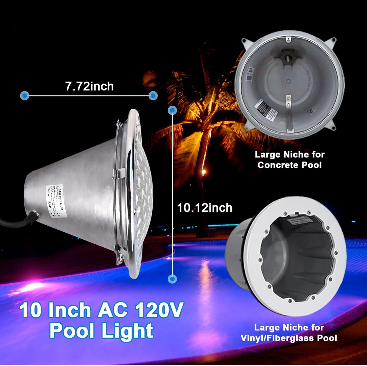 SH101300 Led Pool Lights for Inground Pool 10 inch RGB Color with Remote Controller, 50FT DC 12V Underwater Pool Light for 10" Wet Niche, Replaceme