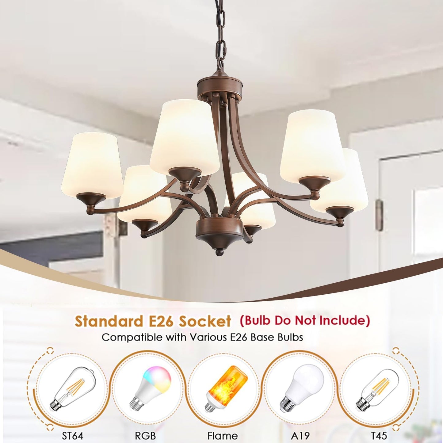 6-Light Farmhouse Chandelier Oil Rubbed Bronze Pendant Light Fixture with Frosted Glass, Rustic Ceiling Lighting Modern Hanging Lamp for Dining Room