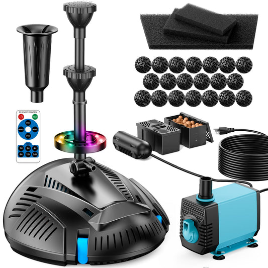Antfraer Pond Filter with U-V Clarifier, 660GPH Pond Pump and Filter Kit & RGB LED Lights, All-in-One Submersible Pond Fountain for Outdoor Ponds, Koi Ponds, Water Gardens with Remote Control With Remote RGB Lights