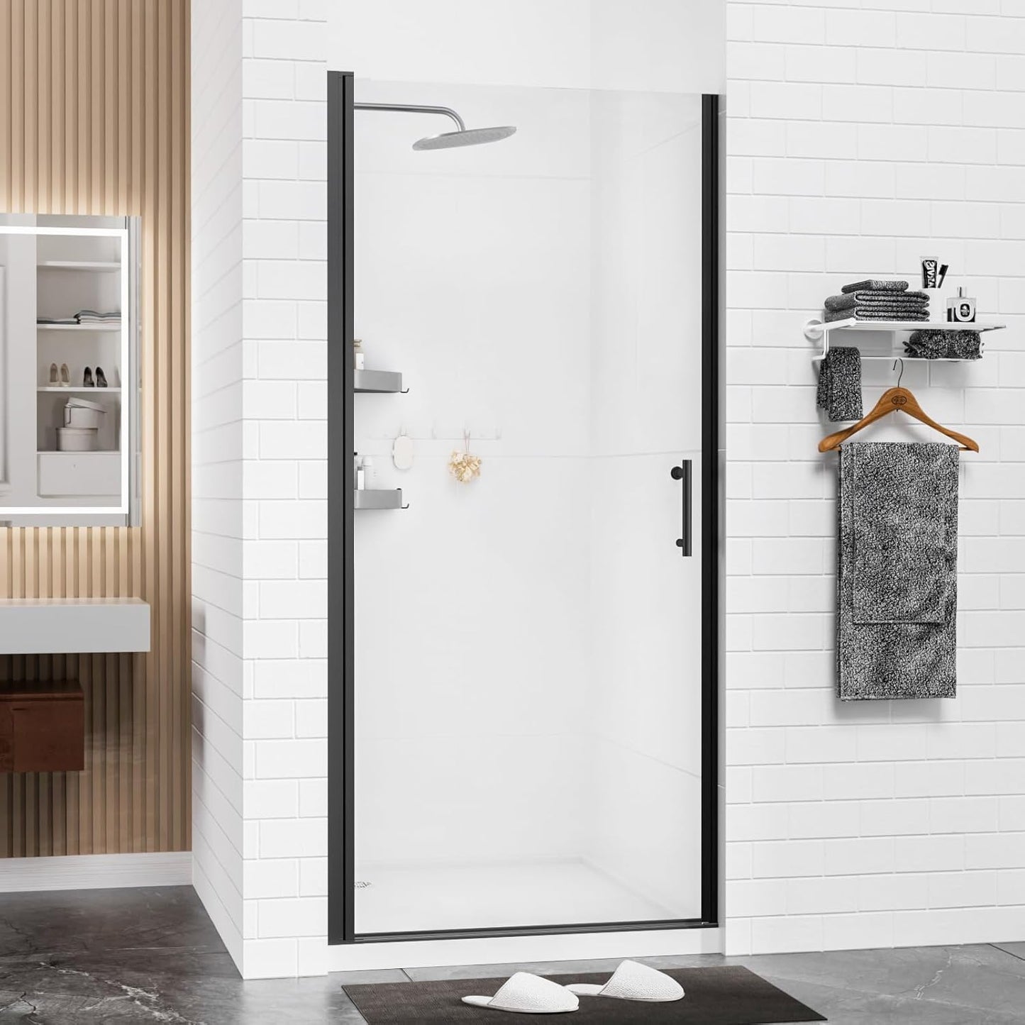 36'-37'Wx72'H Frameless Pivot Shower Door Tempered Glass & Shatter Proof Film, Stainless Steel Hardware