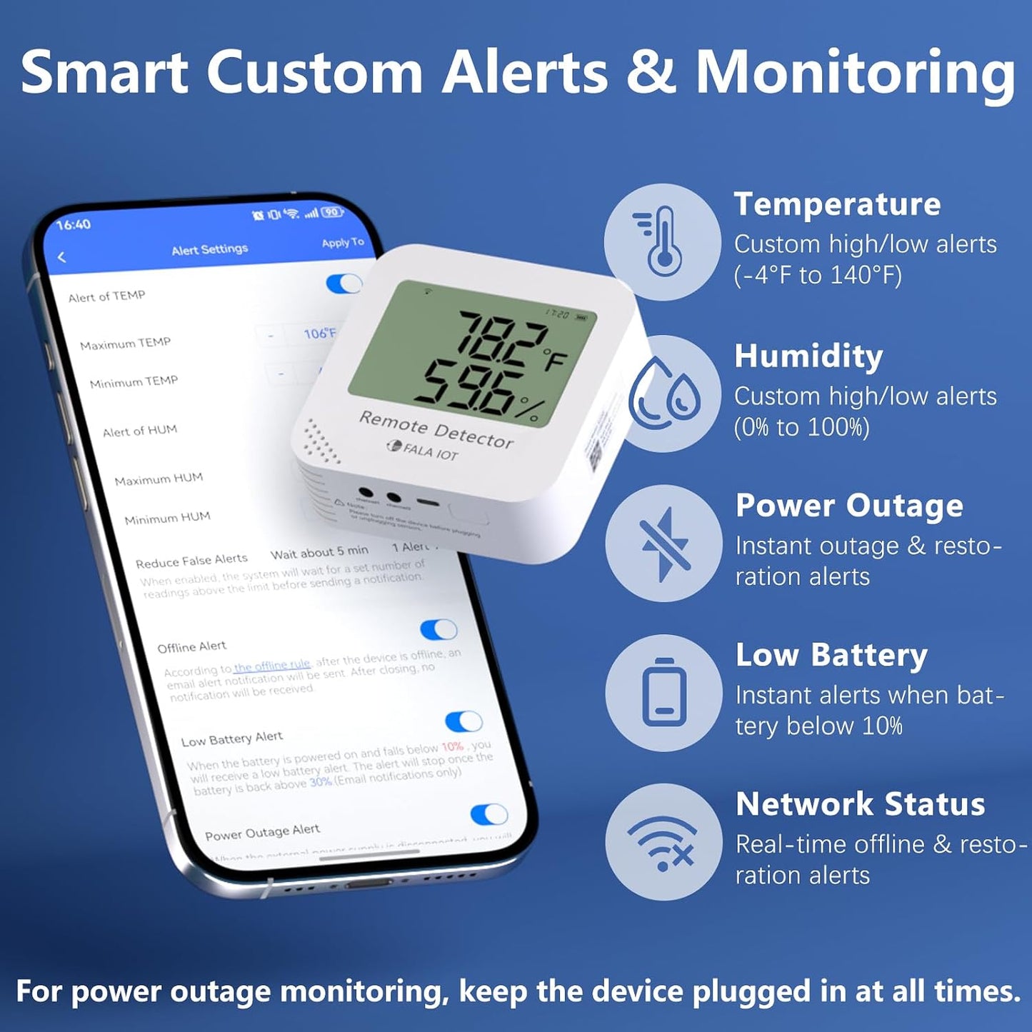 WiFi Temperature & Humidity Sensor, Data Logger, No Subscription | SMS/Email/Sound&Light Alerts, 4 Months Battery Backup, Unlimited Contacts, Idea for RV Pet, Greenhouse, Farm, Server Room