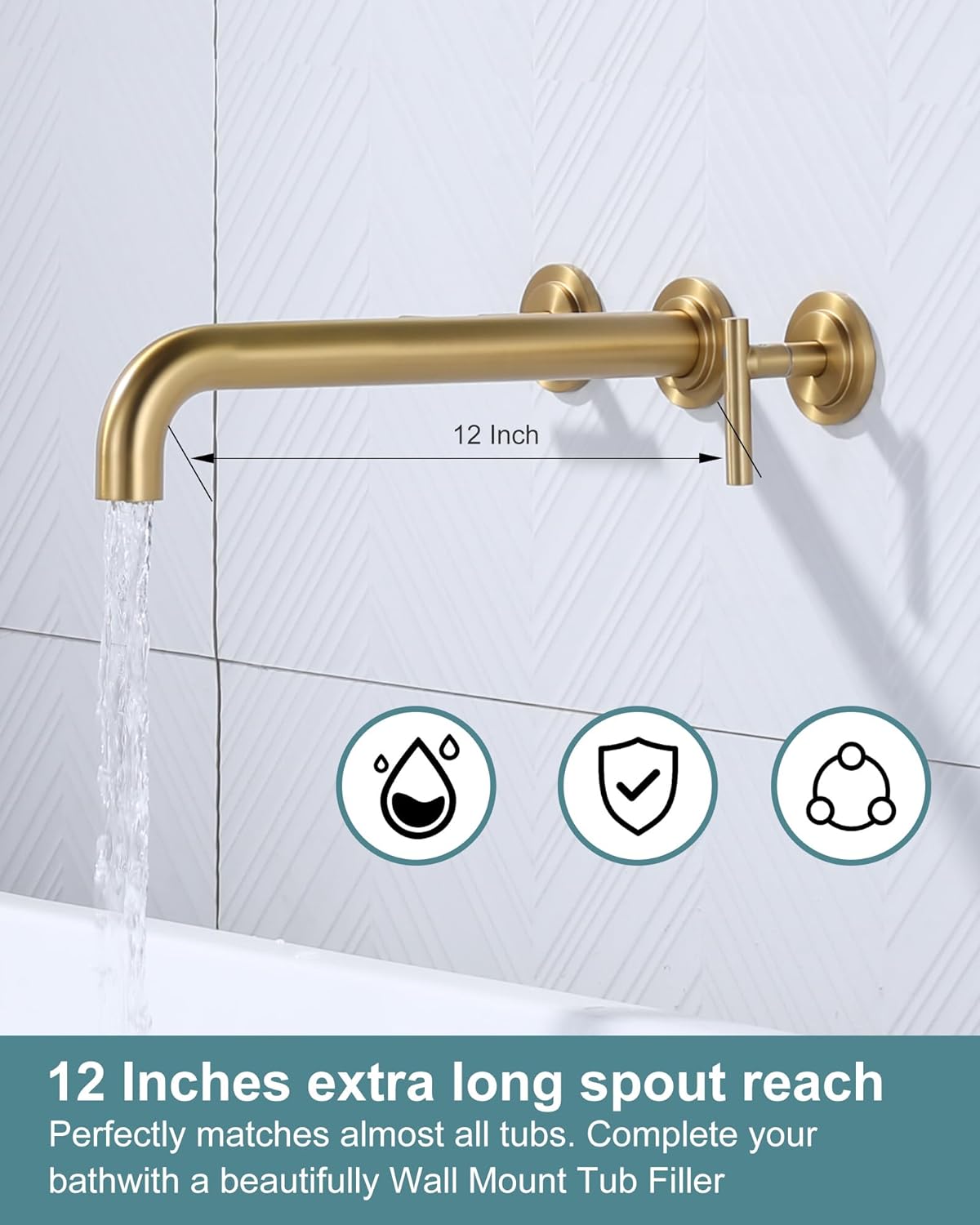 Wall Mount Tub Filler: Gold Tub Faucet High Flow Two Handles Solid Brass, Long Spout Reach with Brass Rough in Valve Included