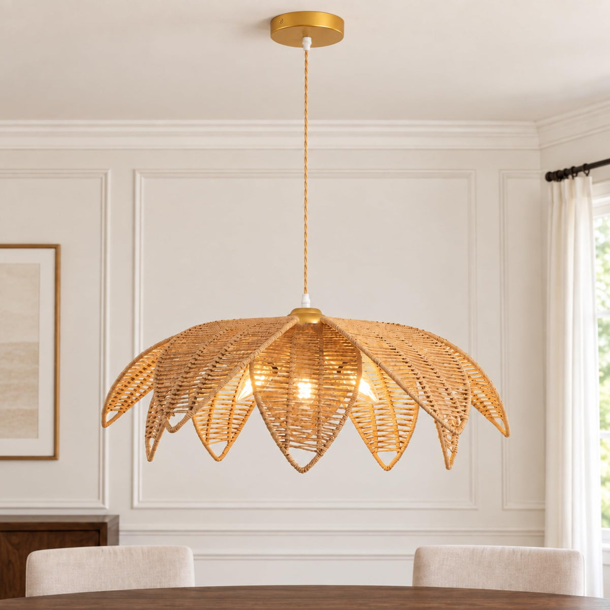 24" Rattan Pendant Light for Dining Room, 3-Light Farmhouse Boho Chandelier with Adjustable Cord, Rattan Light Fixture for Kitchen Island, Living Room, Bedroom, Entryway & Foyer, E12 Base Brown