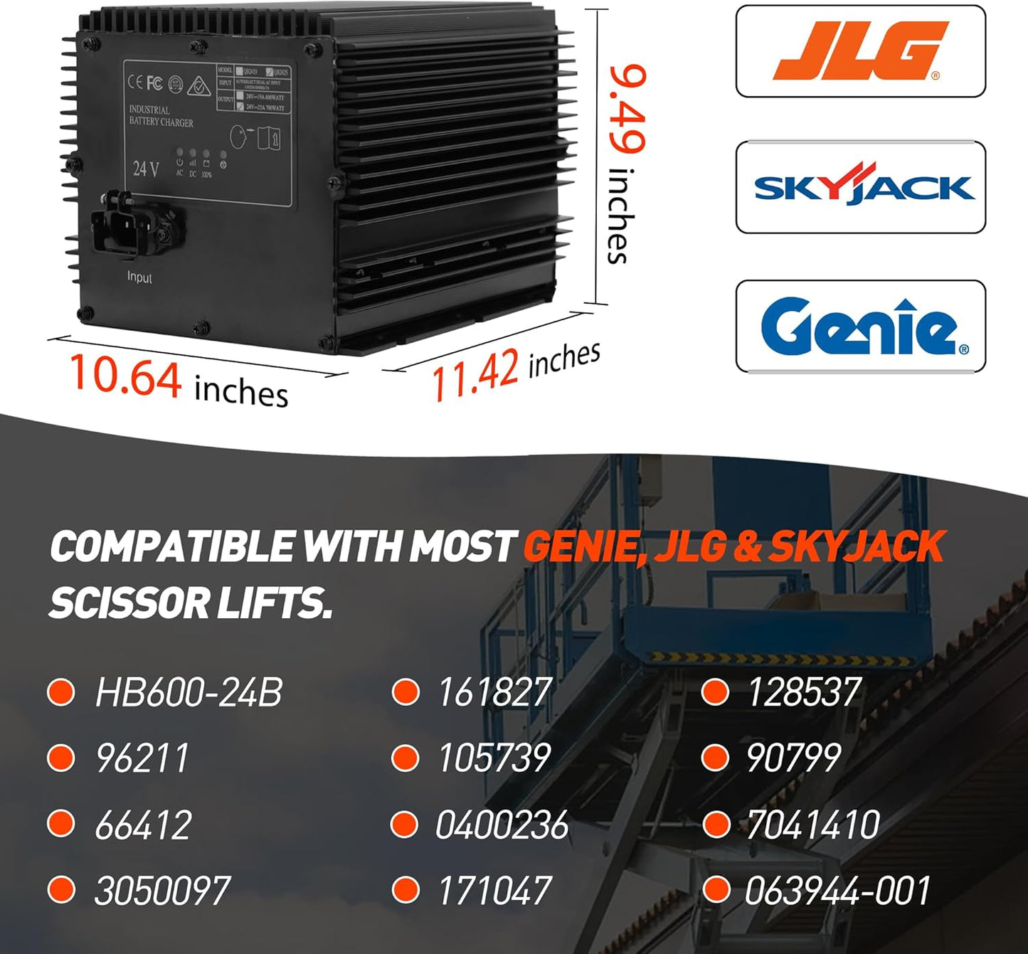 HB600-24B, 24V 19A Scissor Lift Battery Charger, Compatible with Genie/Skyjack/JLG Scissor Lifts, Replaces 161827/96211/128537/105739GT Black 24V 19A