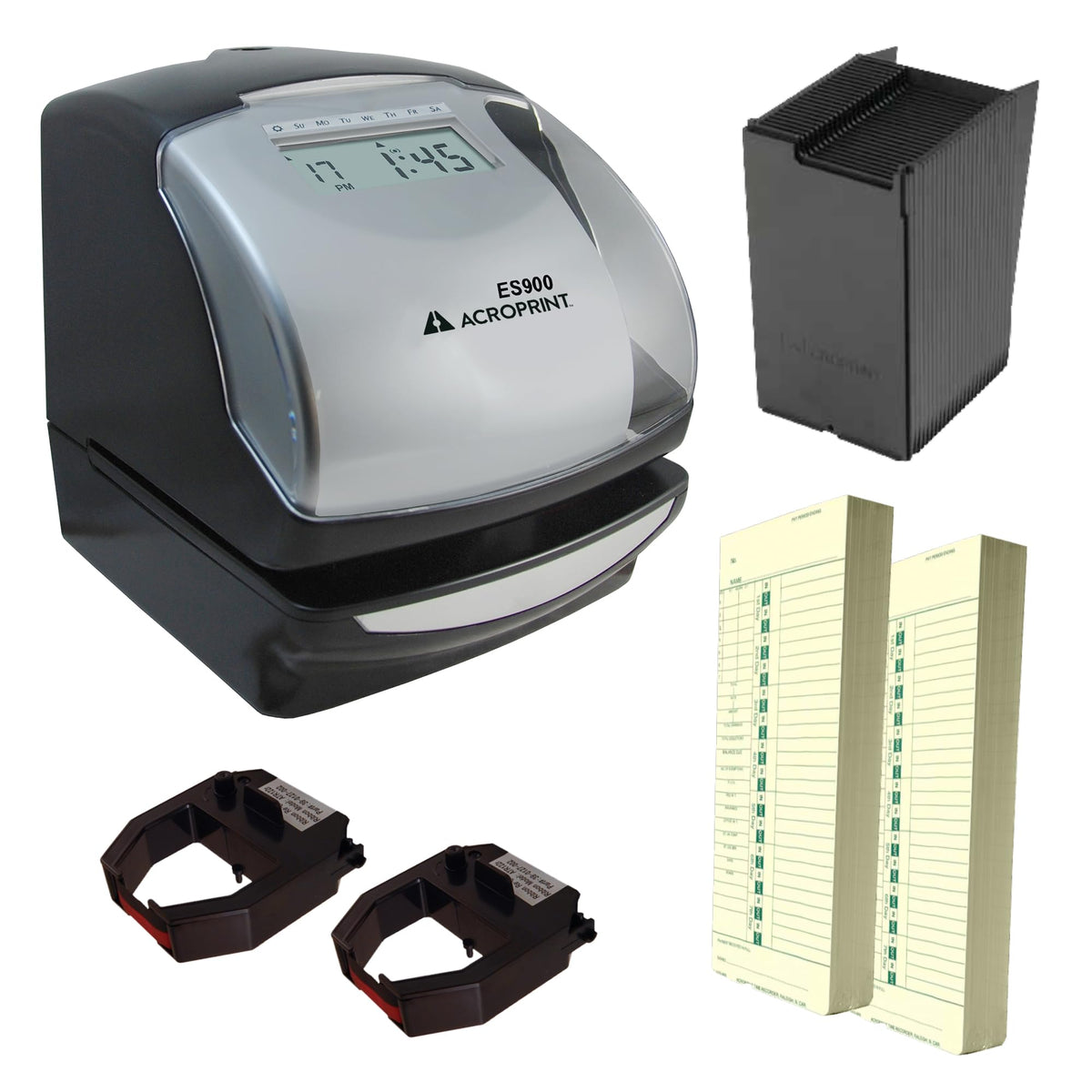 Acroprint ES900 Time Clock & Date Stamp Bundle for Small Business | Includes Time Cards, Card Rack & Ribbon | Electronic Time Stamp and Numbering Machine