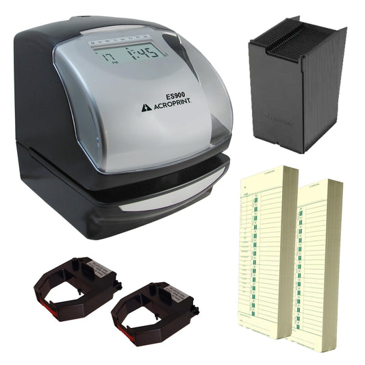 Acroprint ES900 Time Clock & Date Stamp Bundle for Small Business | Includes Time Cards, Card Rack & Ribbon | Electronic Time Stamp and Numbering Machine