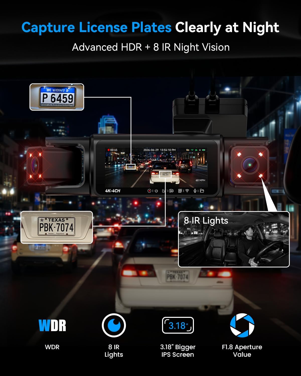 IIWEY N7 PRO 4K STARVIS 4 Channel Dash Cam, 360° View Front Rear and Dual Inside Camera, WiFi 6 & GPS, 8-IR Night Vision, 2160P Dash Camera for Cars, 3.18" IPS, 24/7 Parking Mode, Free 64GB Card