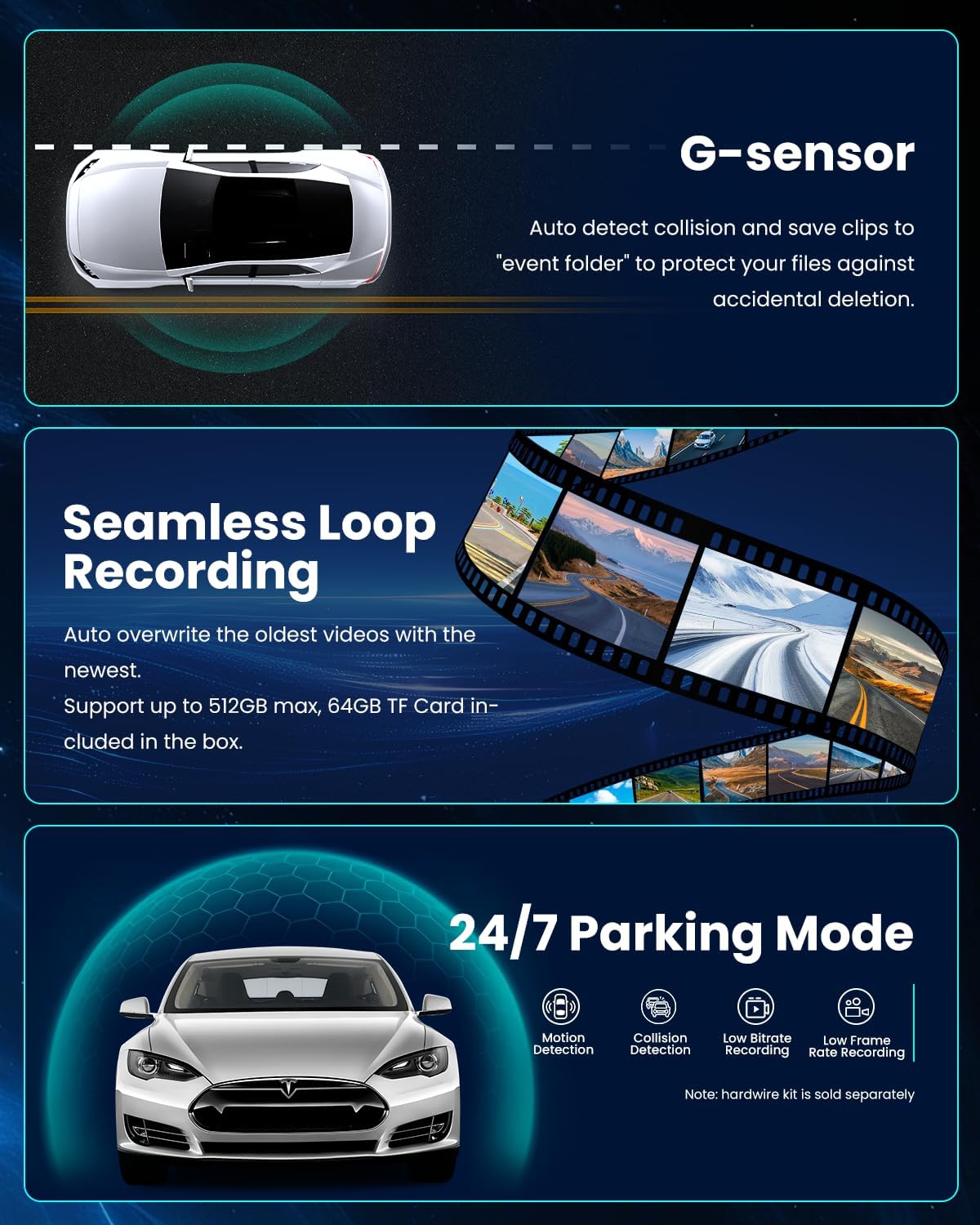 V78 Dash Cam Front 4K Rear 2K w/Dual STARVISB0H3L3NF7X 2 Sensors, Super Night Vision HDR Wireless Small Car Dash Camera, 5.8G WI-FI, 24H Parking Mode, 64G Card Included
