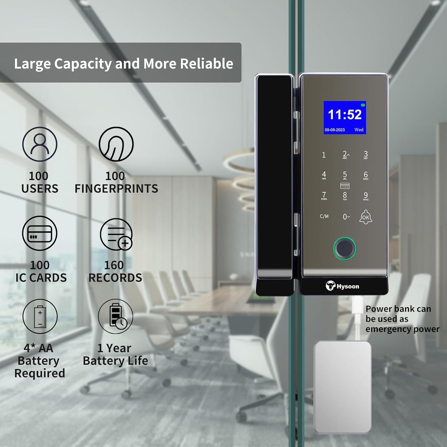 Smart Glass Door Lock, Hysoon Keyless Entry Digital Door Lock, Fingerprint/Remote Control/Password/Card/Key Five in One Lock for Glass Door with