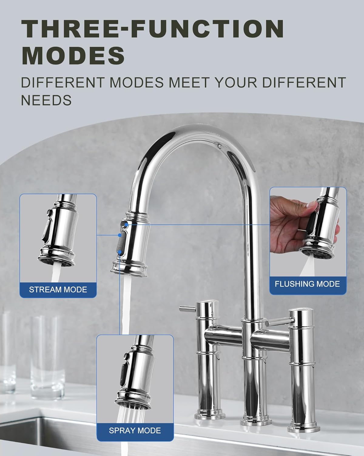 Bridge Kitchen Faucet with Pull Down Sprayer: Chrome Kitchen Sink Faucet 3 Holes 2 Handles with Supply Lines, 8.8 Inch Deck M